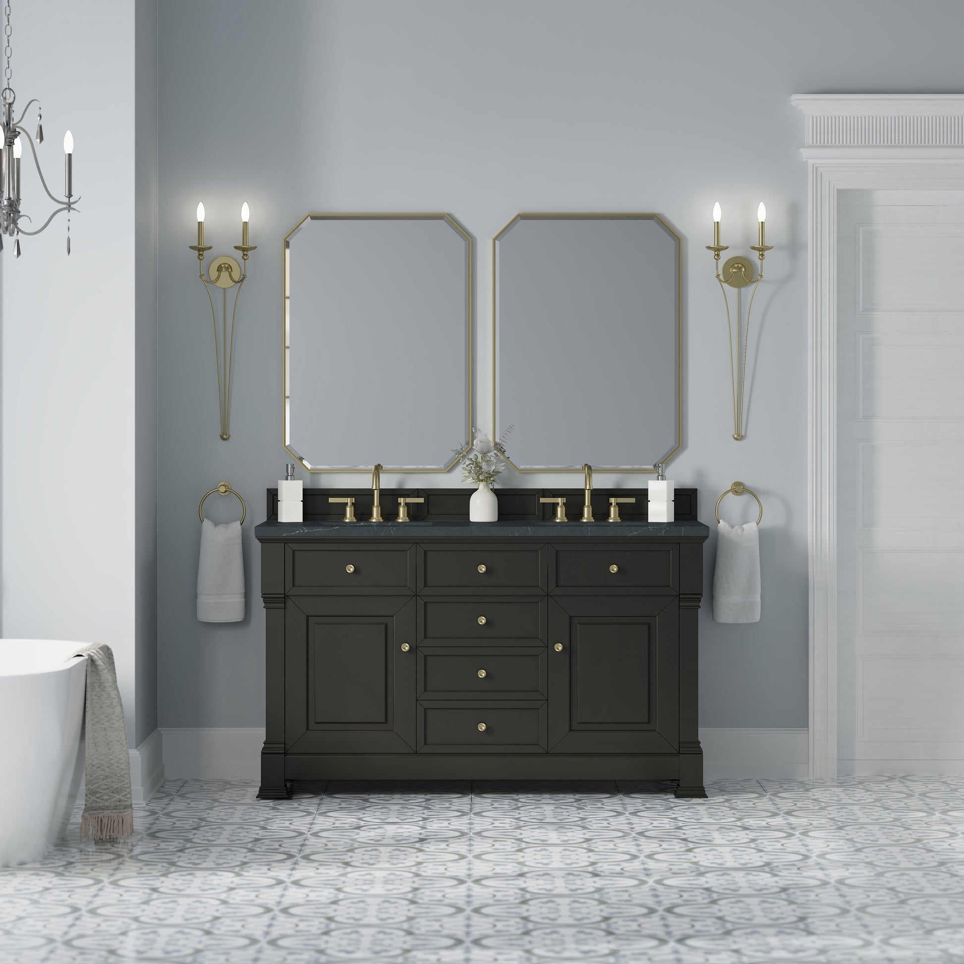 James Martin Vanities Brookfield 60" Black Onyx Double Vanity With 3cm Charcoal Soapstone Silestone Top