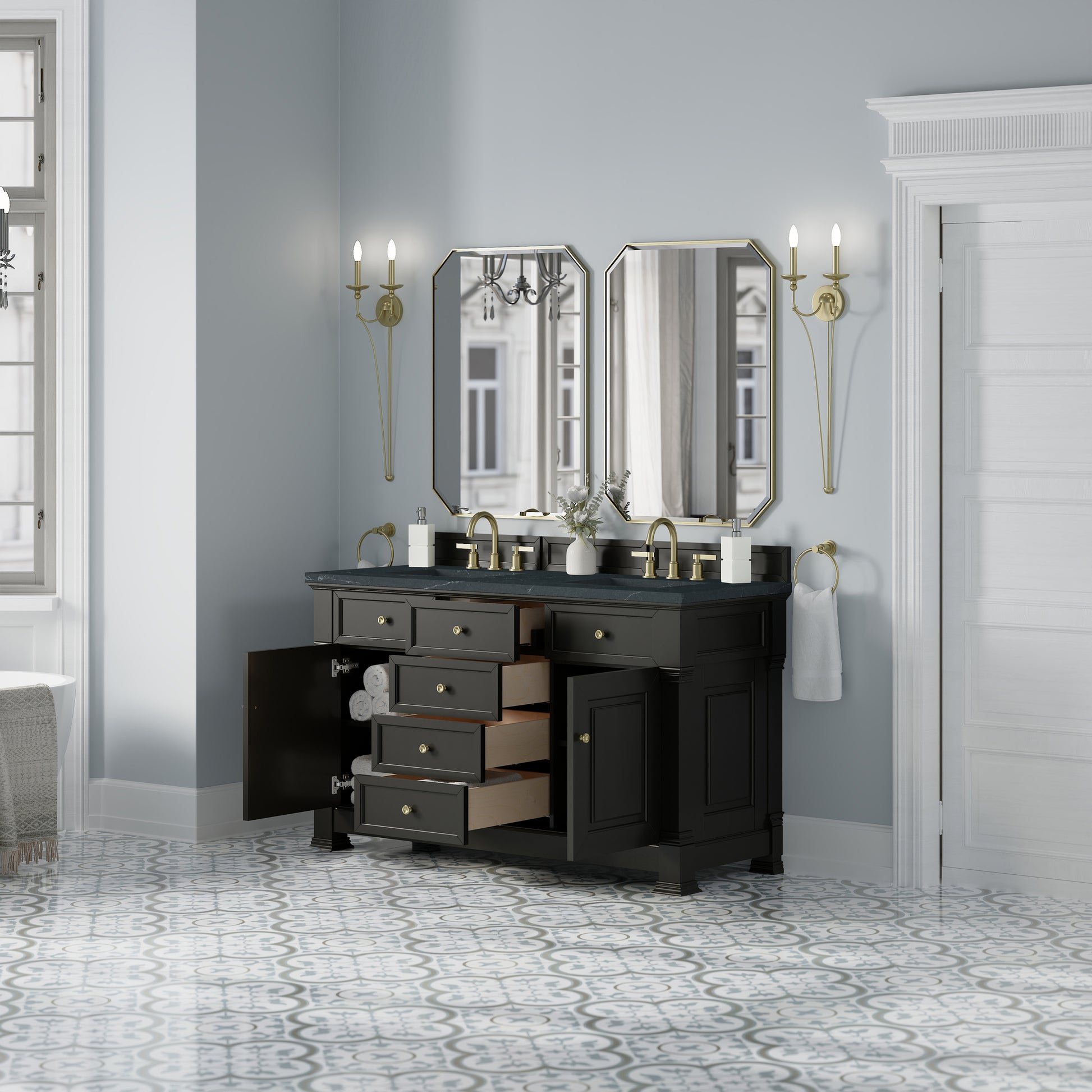 James Martin Vanities Brookfield 60" Black Onyx Double Vanity With 3cm Charcoal Soapstone Silestone Top