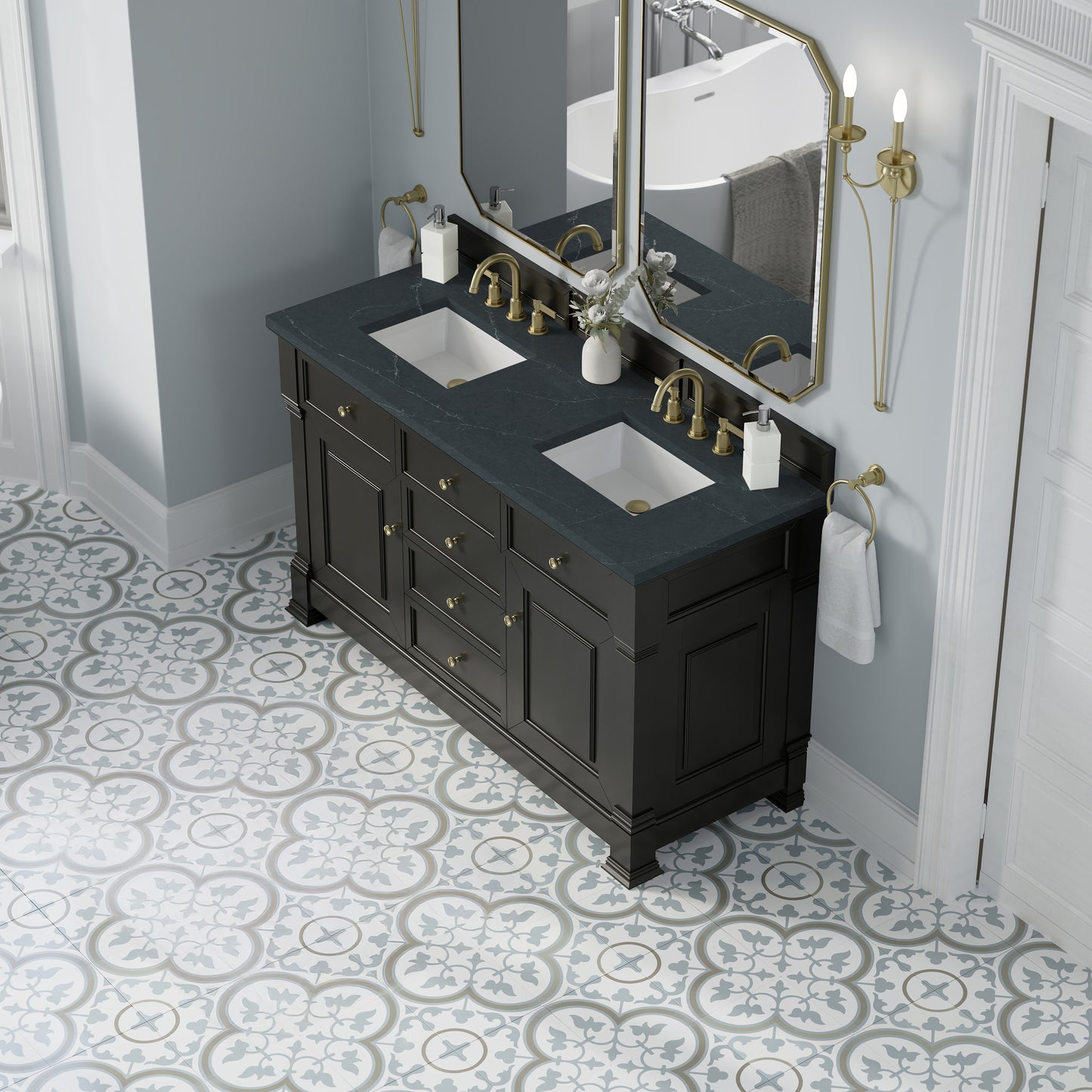 James Martin Vanities Brookfield 60" Black Onyx Double Vanity With 3cm Charcoal Soapstone Silestone Top