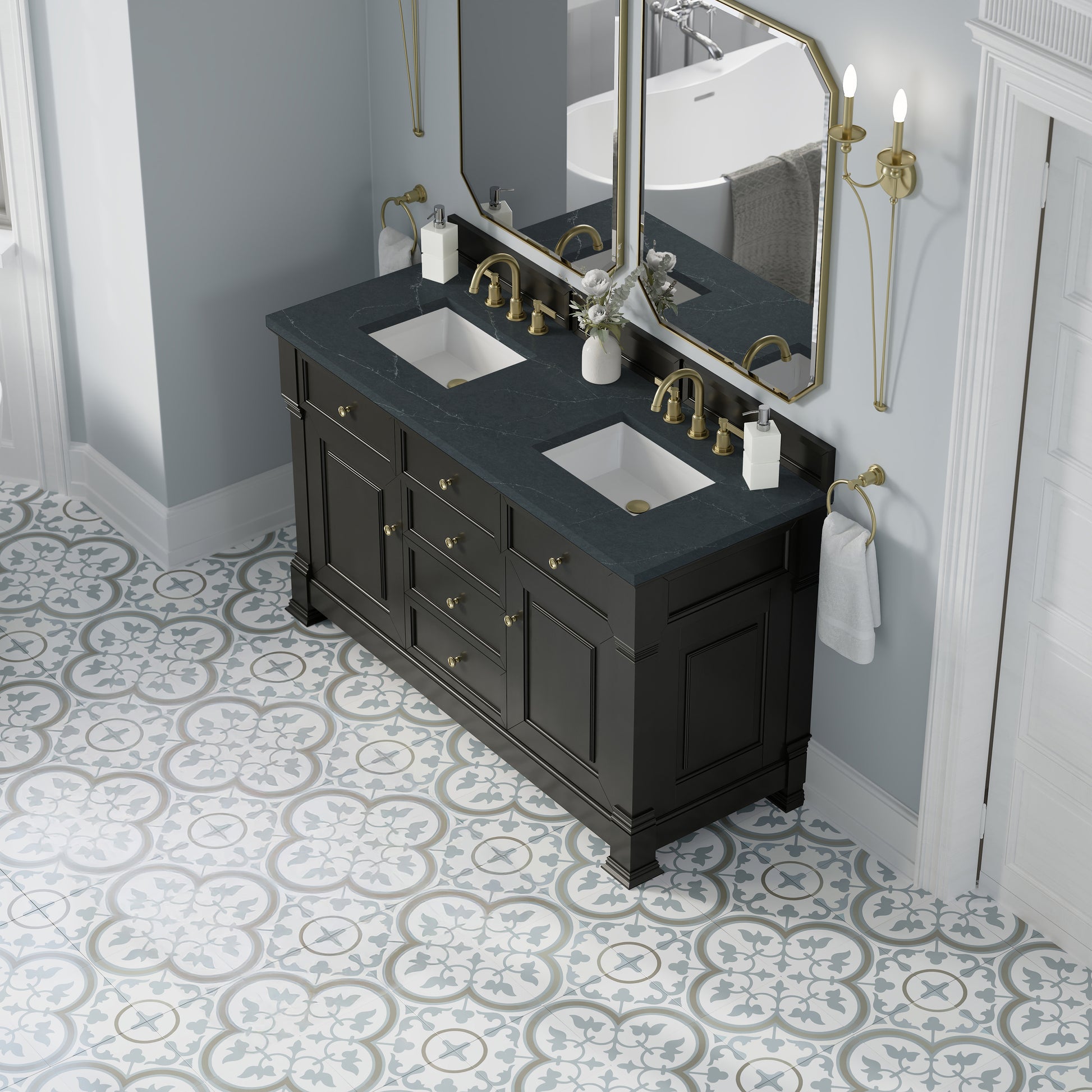 James Martin Vanities Brookfield 60" Black Onyx Double Vanity With 3cm Charcoal Soapstone Silestone Top