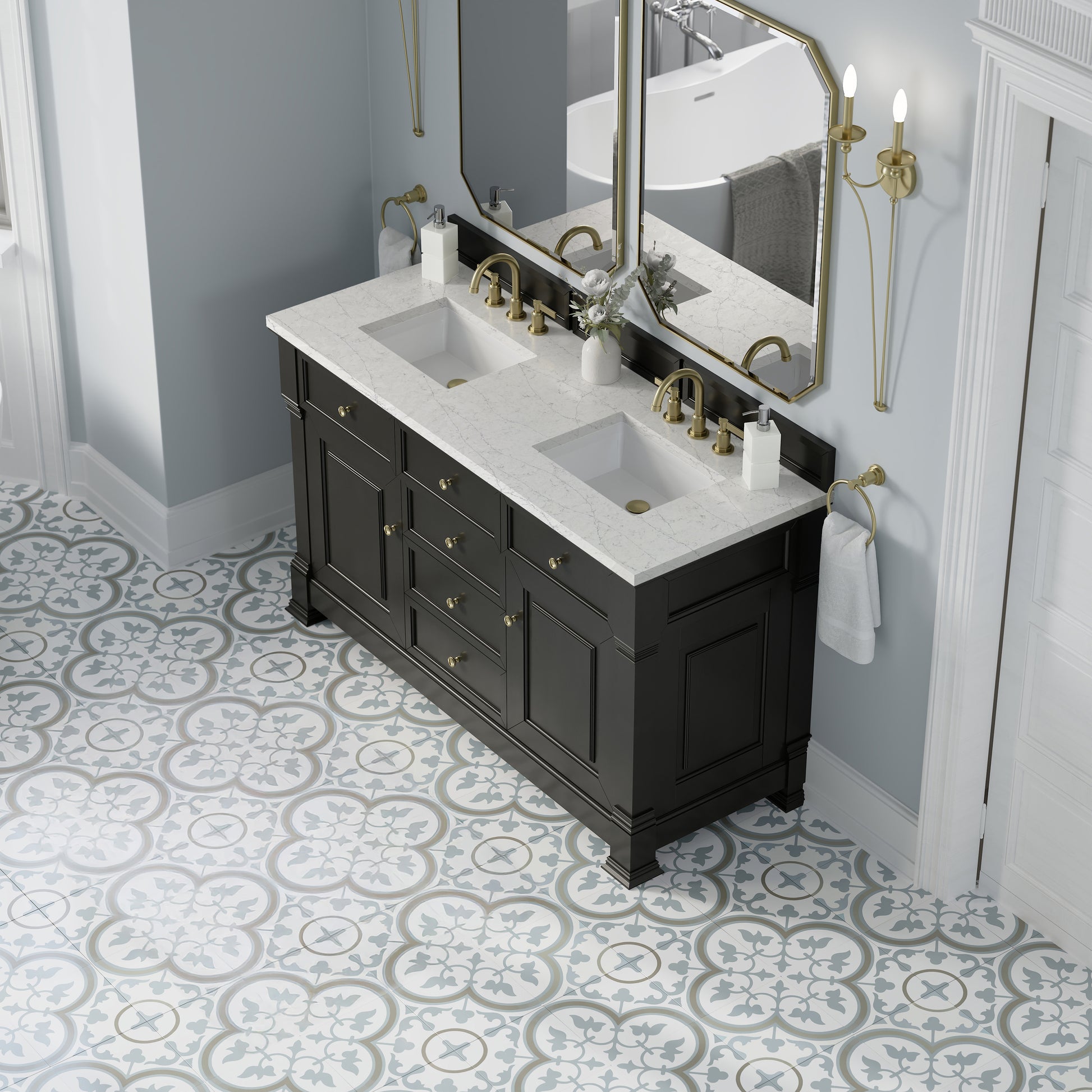 James Martin Vanities Brookfield 60" Black Onyx Double Vanity With 3cm Eternal Jasmine Pearl Silestone Top