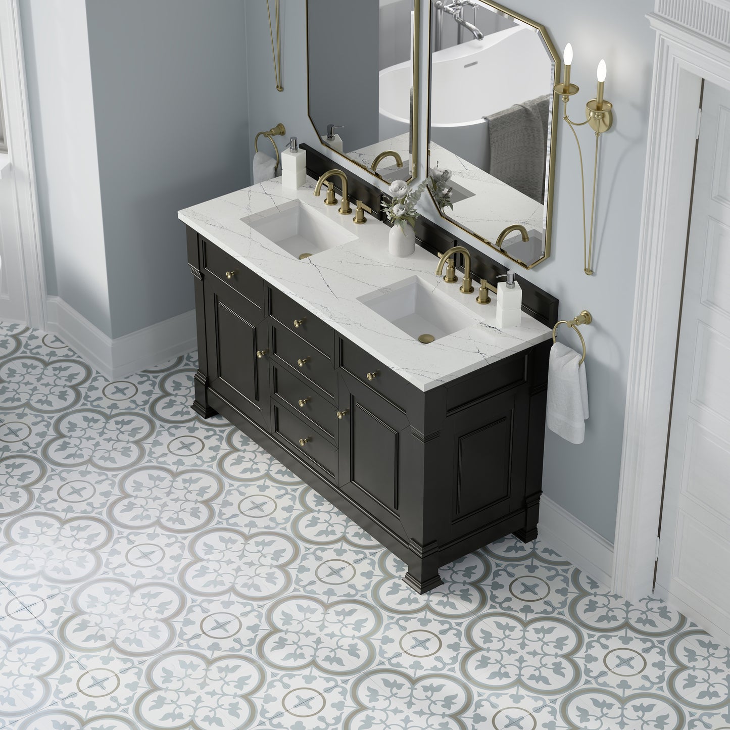 James Martin Vanities Brookfield 60" Black Onyx Double Vanity With 3cm Ethereal Noctis Silestone Top