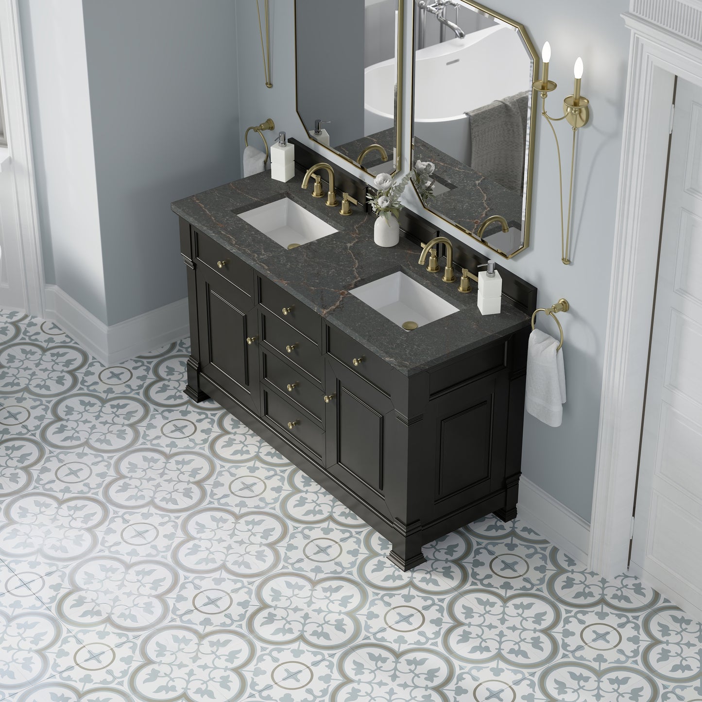 James Martin Vanities Brookfield 60" Black Onyx Double Vanity With 3cm Parisien Bleu Silestone Top