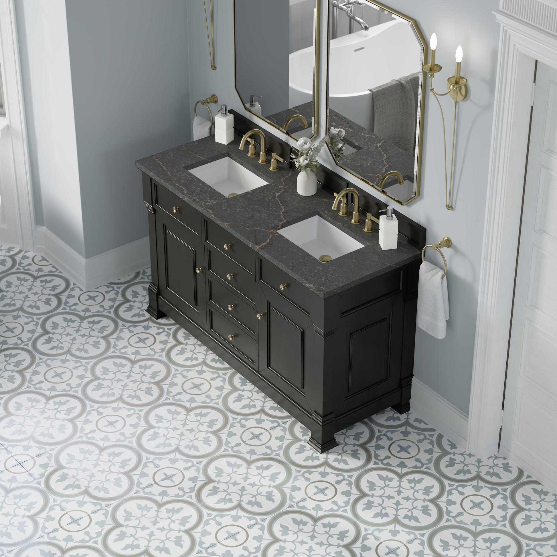 James Martin Vanities Brookfield 60" Black Onyx Double Vanity With 3cm Parisien Bleu Silestone Top