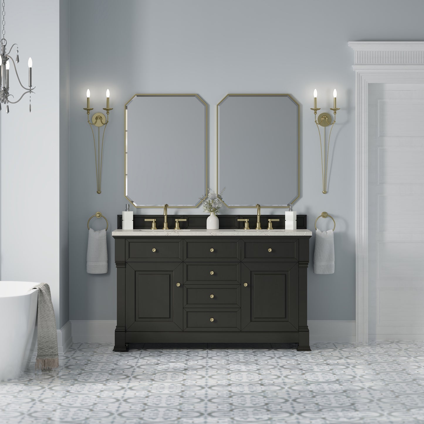 James Martin Vanities Brookfield 60" Black Onyx Double Vanity With 3cm Victorian Silver Silestone Top