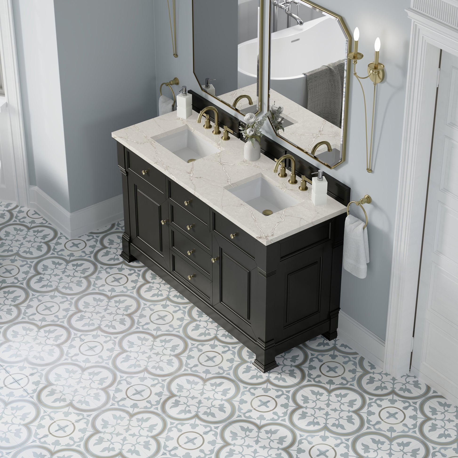 James Martin Vanities Brookfield 60" Black Onyx Double Vanity With 3cm Victorian Silver Silestone Top