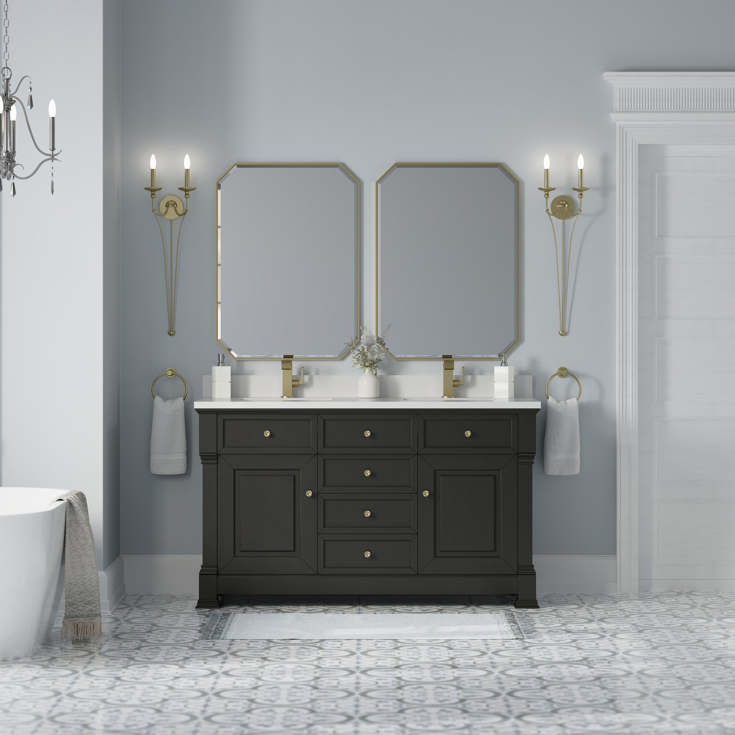 James Martin Vanities Brookfield 60" Black Onyx Double Vanity With Single Hole 3cm White Zeus Silestone Top and Backsplash