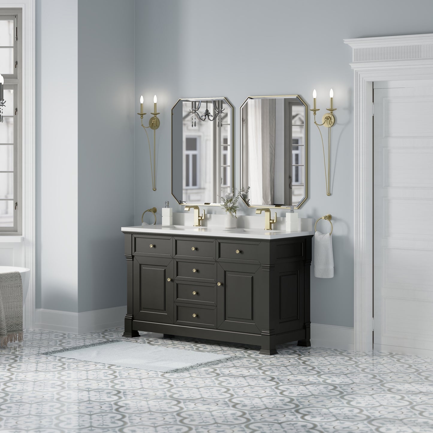 James Martin Vanities Brookfield 60" Black Onyx Double Vanity With Single Hole 3cm White Zeus Silestone Top and Backsplash