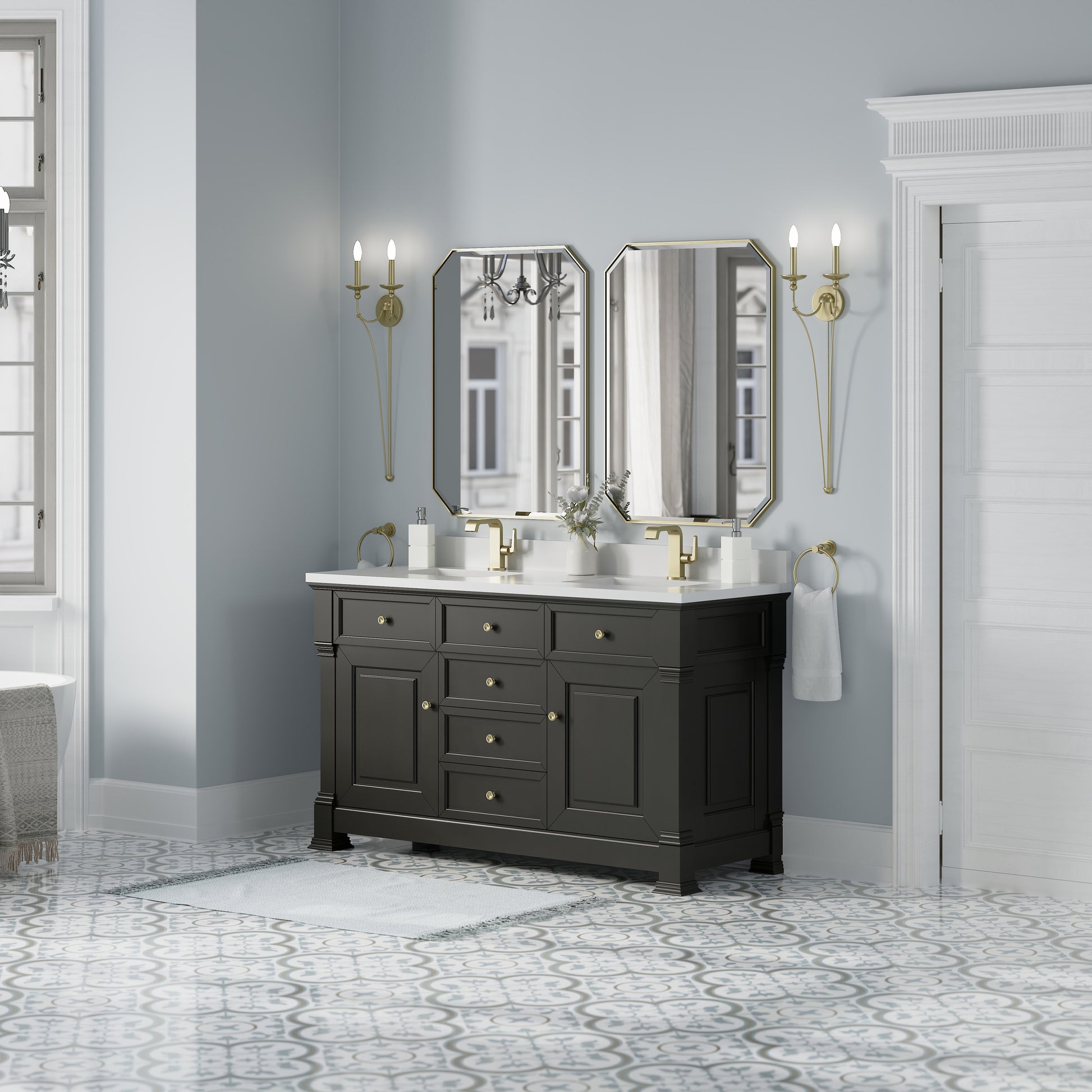 James Martin Vanities Brookfield 60" Black Onyx Double Vanity With Single Hole 3cm White Zeus Silestone Top and Backsplash