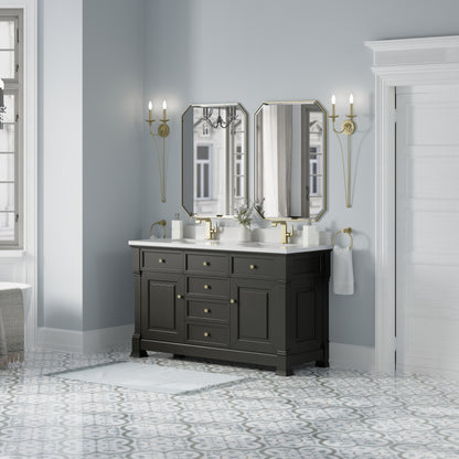 James Martin Vanities Brookfield 60" Black Onyx Double Vanity With Single Hole 3cm White Zeus Silestone Top and Backsplash