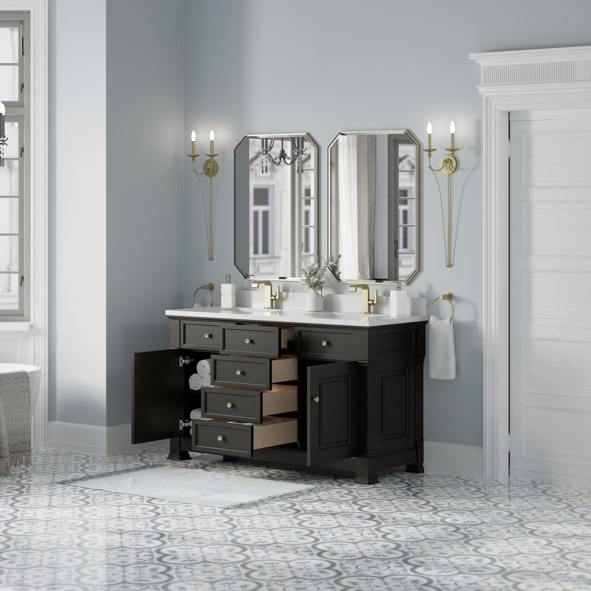 James Martin Vanities Brookfield 60" Black Onyx Double Vanity With Single Hole 3cm White Zeus Silestone Top and Backsplash