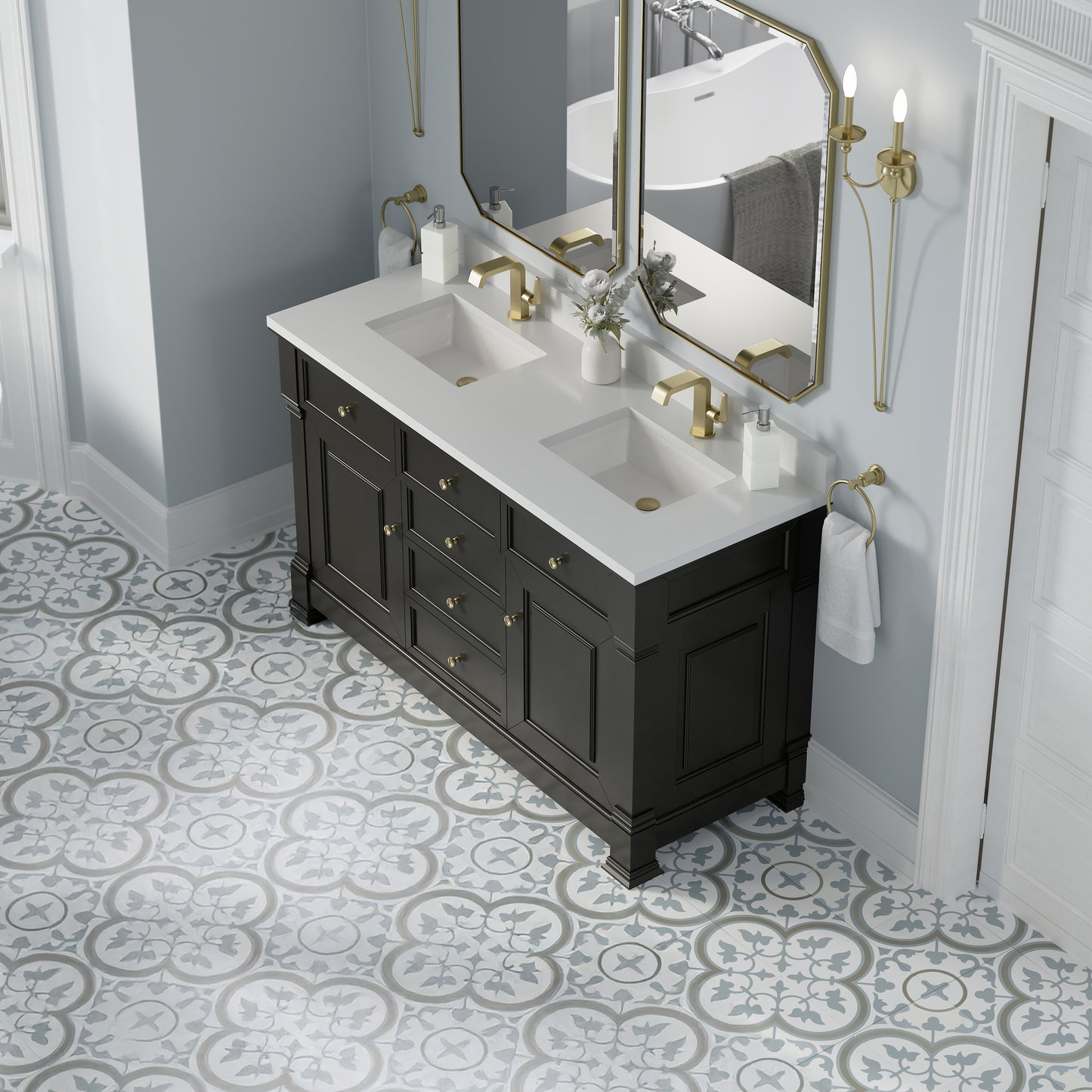 James Martin Vanities Brookfield 60" Black Onyx Double Vanity With Single Hole 3cm White Zeus Silestone Top and Backsplash