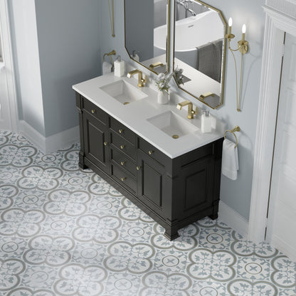 James Martin Vanities Brookfield 60" Black Onyx Double Vanity With Single Hole 3cm White Zeus Silestone Top and Backsplash