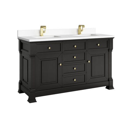James Martin Vanities Brookfield 60" Black Onyx Double Vanity With Single Hole 3cm White Zeus Silestone Top and Backsplash