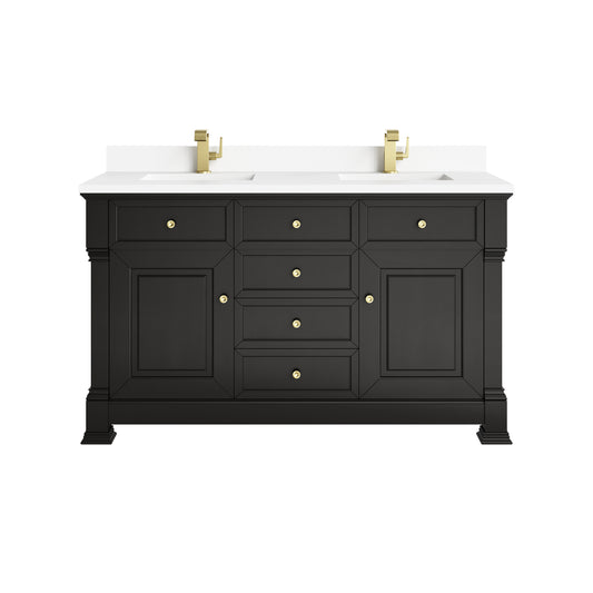 James Martin Vanities Brookfield 60" Black Onyx Double Vanity With Single Hole 3cm White Zeus Silestone Top and Backsplash