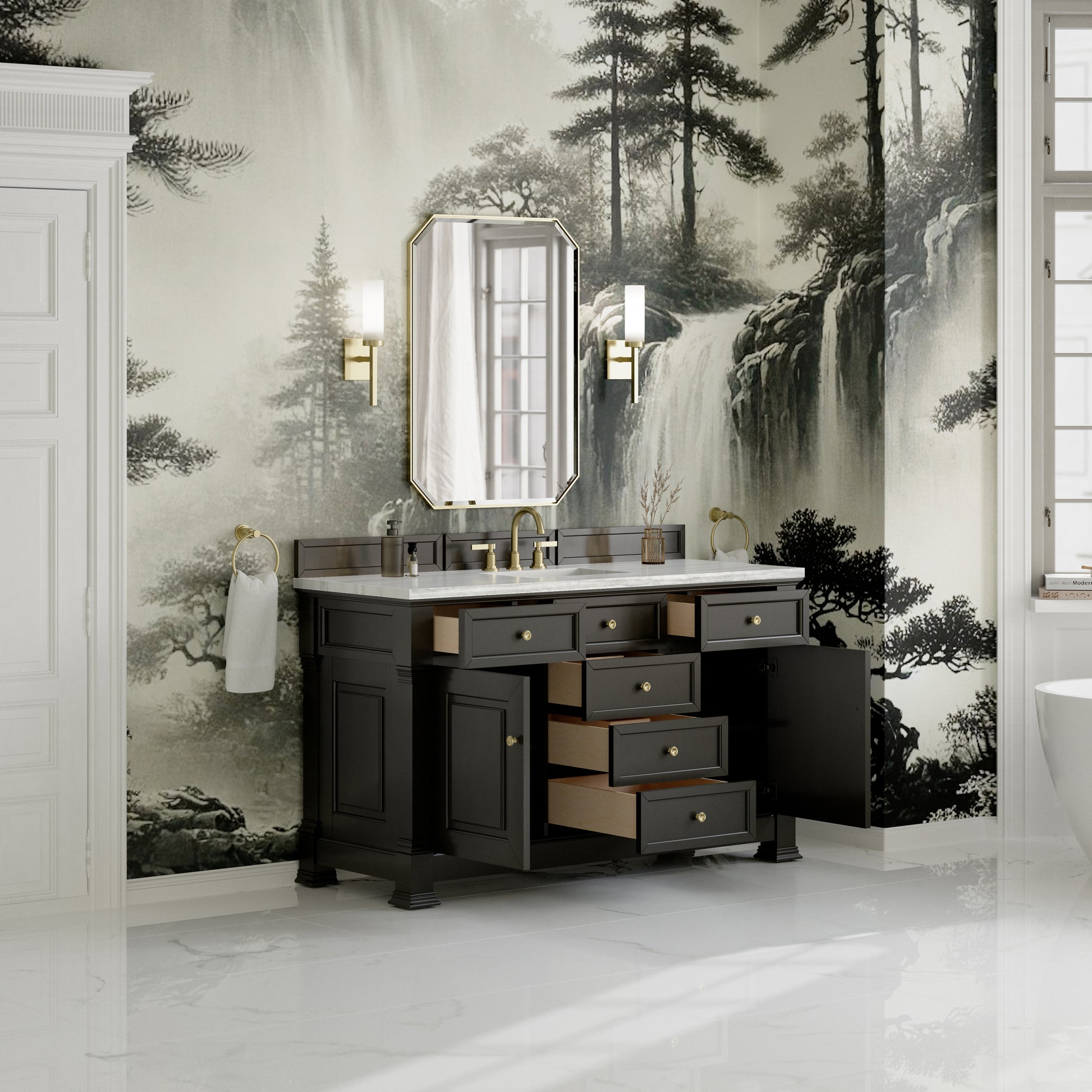 James Martin Vanities Brookfield 60" Black Onyx Single Vanity With 3cm Arctic Fall Solid Surface Top