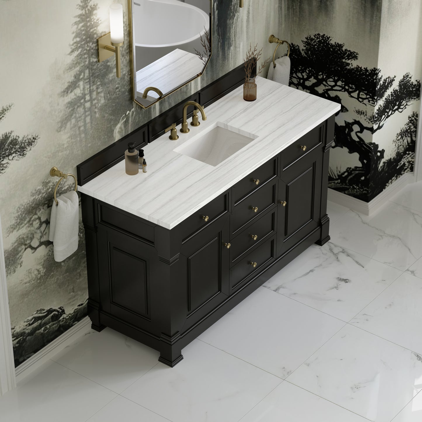 James Martin Vanities Brookfield 60" Black Onyx Single Vanity With 3cm Arctic Fall Solid Surface Top
