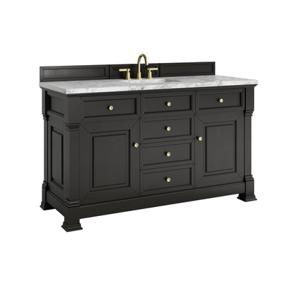 James Martin Vanities Brookfield 60" Black Onyx Single Vanity With 3cm Carrara White Marble Top