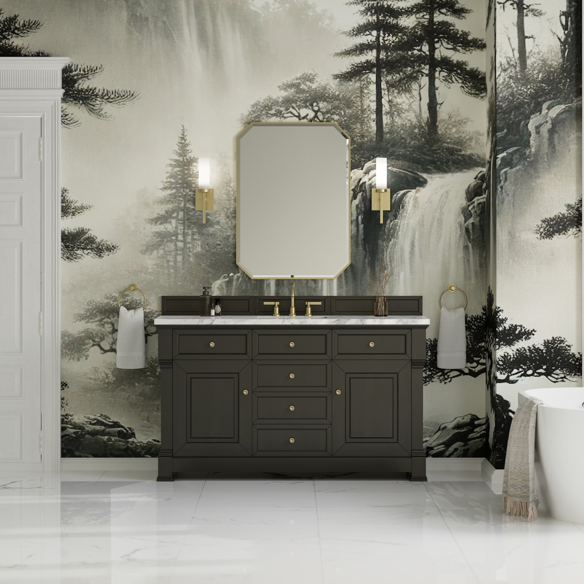 James Martin Vanities Brookfield 60" Black Onyx Single Vanity With 3cm Carrara White Marble Top
