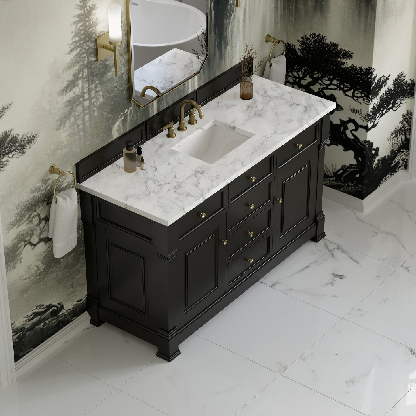 James Martin Vanities Brookfield 60" Black Onyx Single Vanity With 3cm Carrara White Marble Top