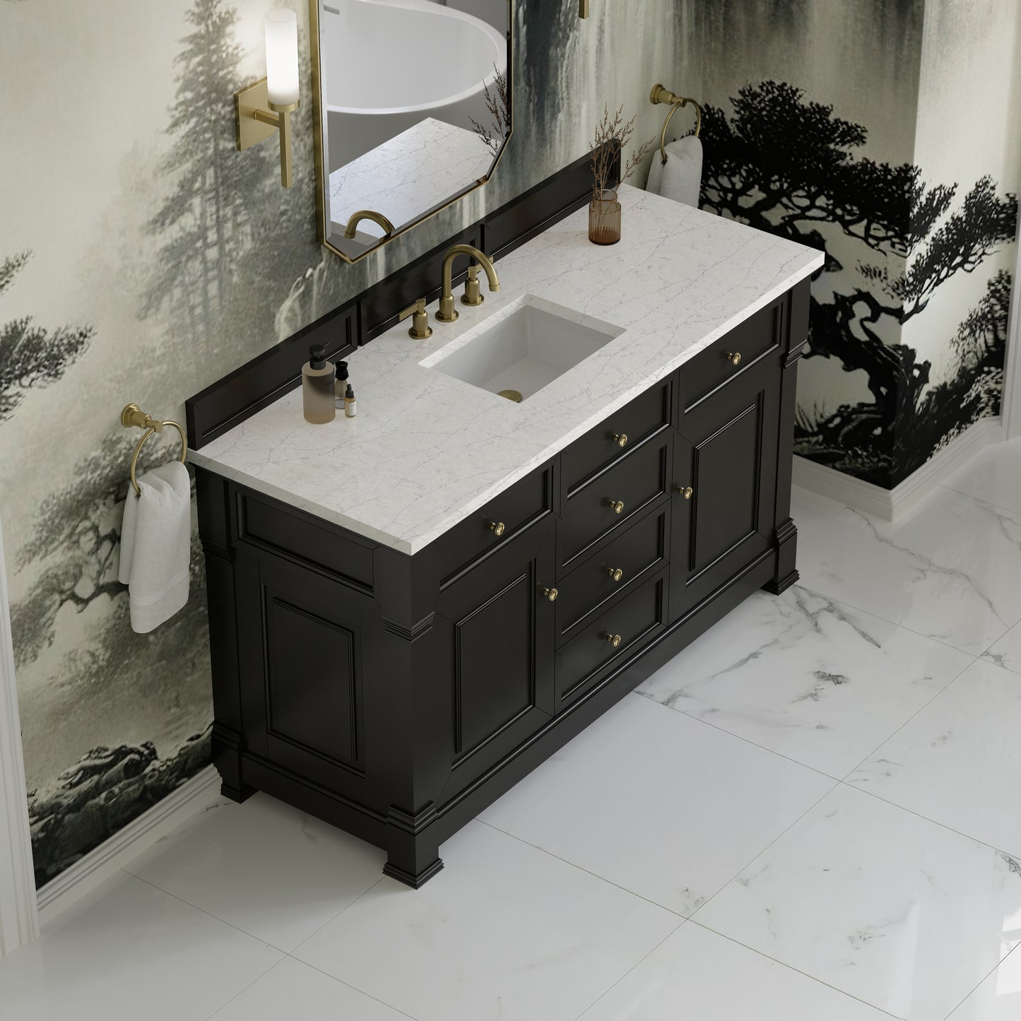 James Martin Vanities Brookfield 60" Black Onyx Single Vanity With 3cm Eternal Jasmine Pearl Silestone Top