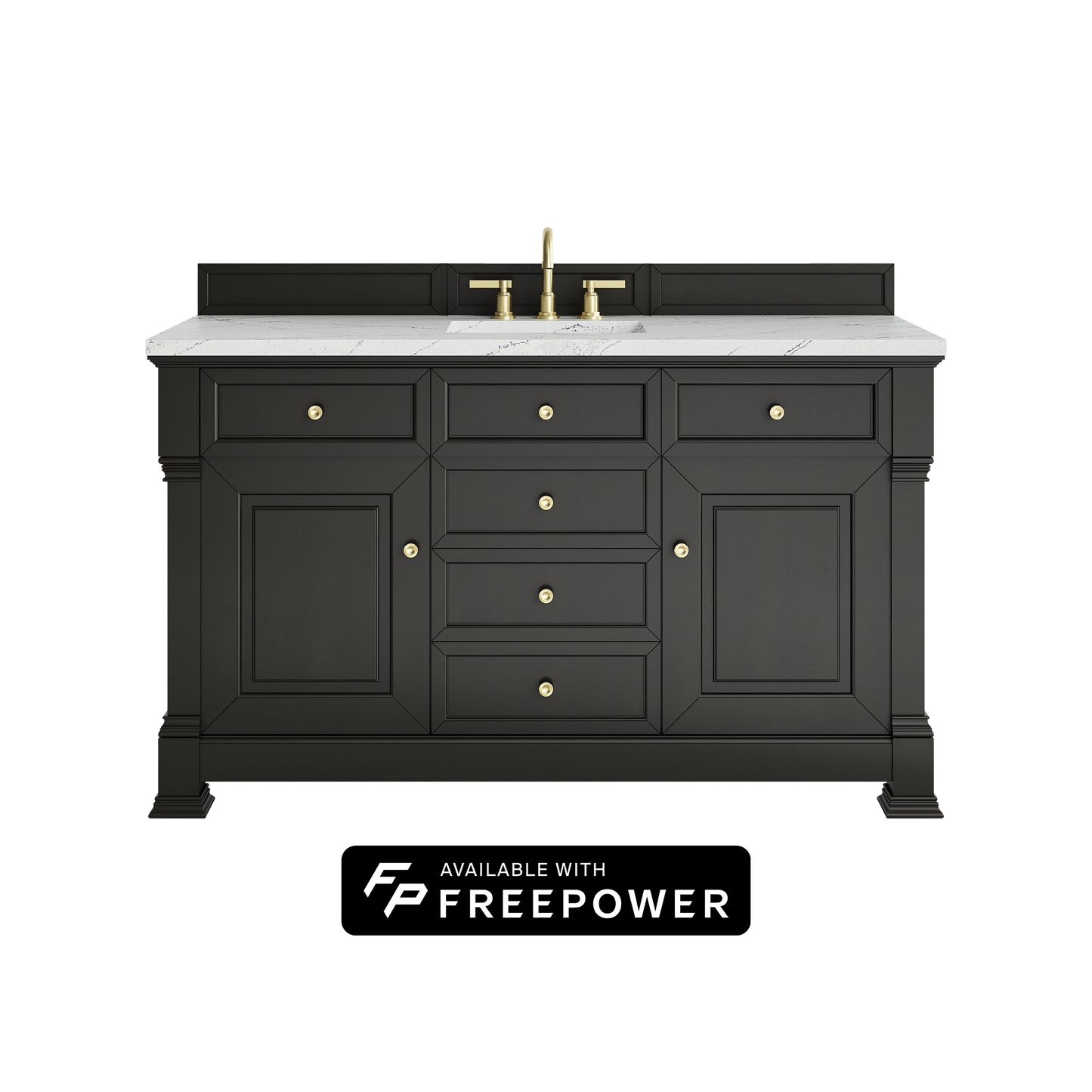 James Martin Vanities Brookfield 60" Black Onyx Single Vanity With 3cm Ethereal Noctis Silestone Top With FreePower Wireless Charger