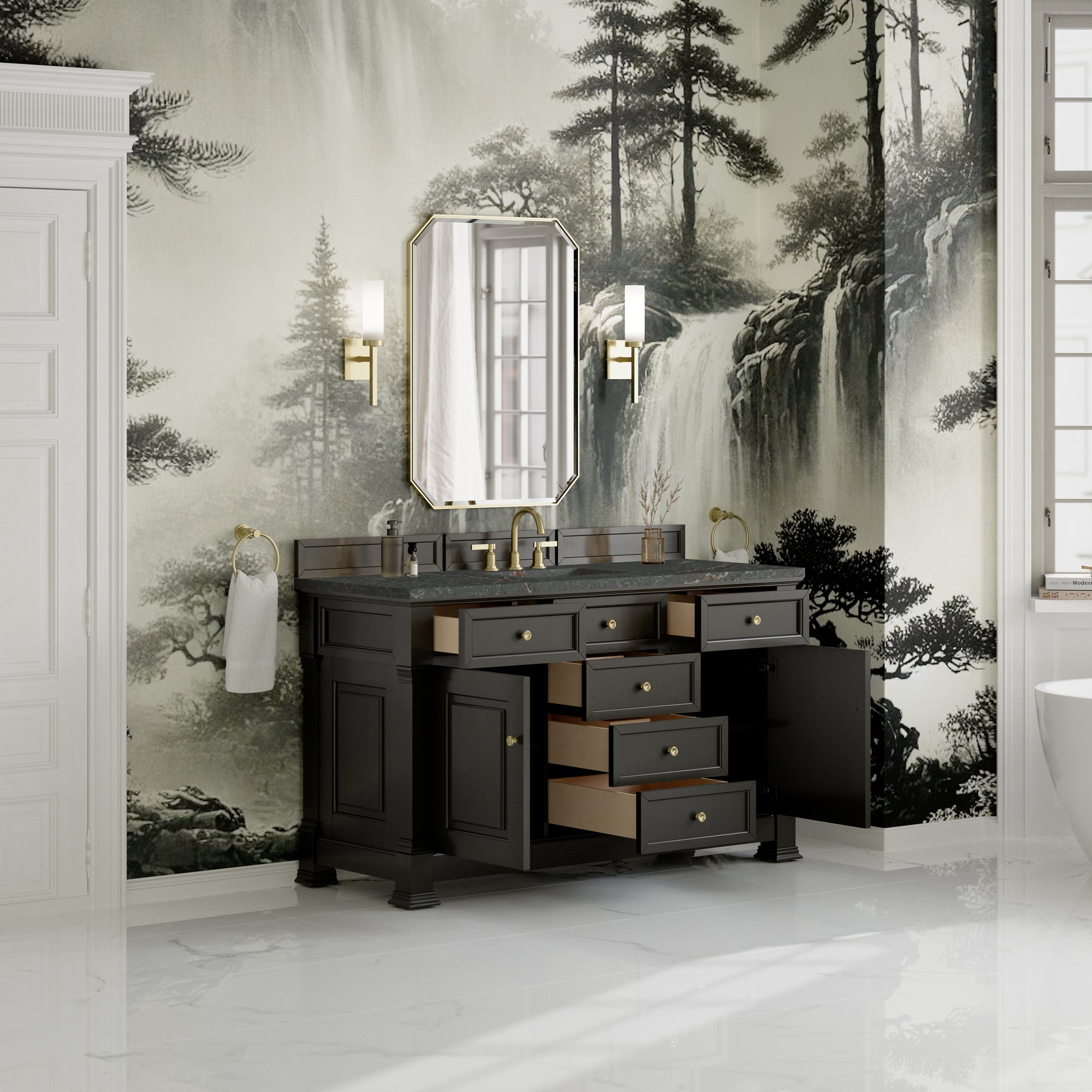 James Martin Vanities Brookfield 60" Black Onyx Single Vanity With 3cm Parisien Bleu Silestone Top With FreePower Wireless Charger