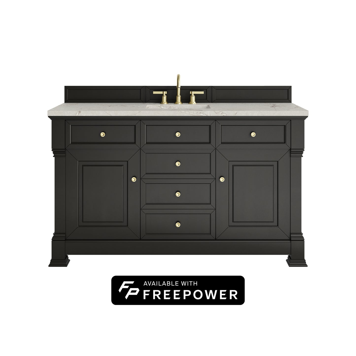 James Martin Vanities Brookfield 60" Black Onyx Single Vanity With 3cm Victorian Silver Silestone Top With FreePower Wireless Charger