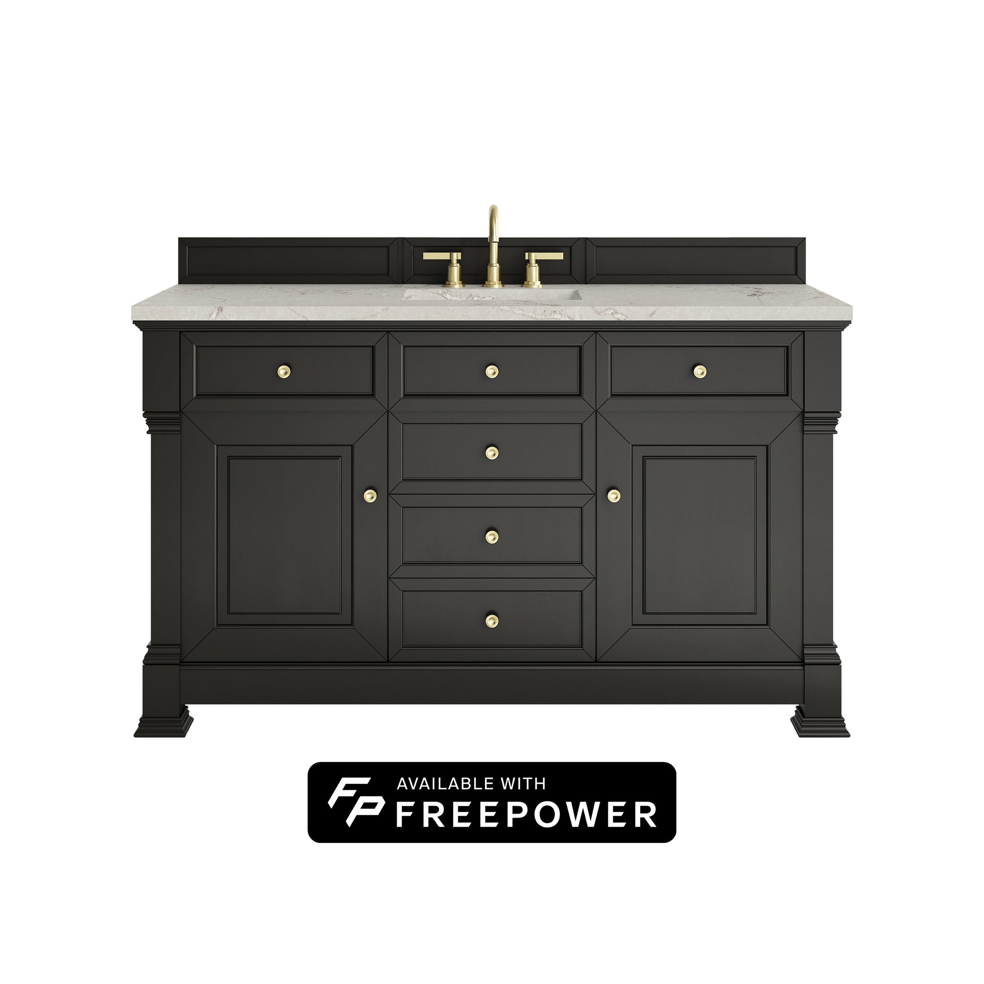 James Martin Vanities Brookfield 60" Black Onyx Single Vanity With 3cm Victorian Silver Silestone Top With FreePower Wireless Charger