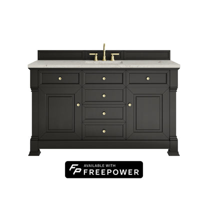 James Martin Vanities Brookfield 60" Black Onyx Single Vanity With 3cm Victorian Silver Silestone Top With FreePower Wireless Charger