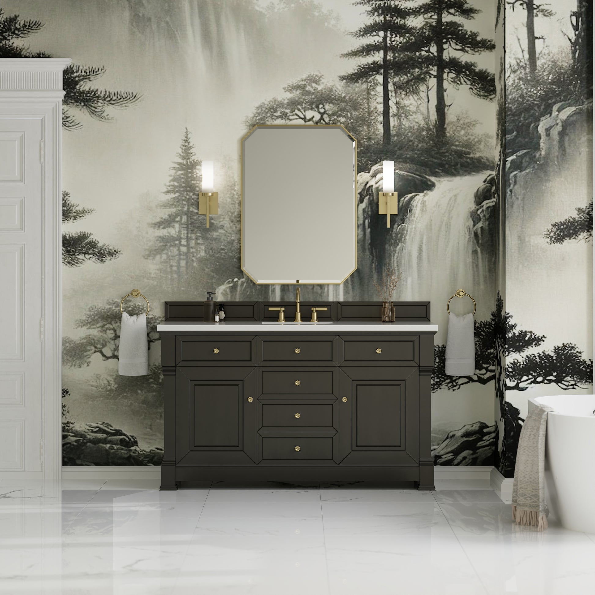 James Martin Vanities Brookfield 60" Black Onyx Single Vanity With 3cm White Zeus Silestone Top