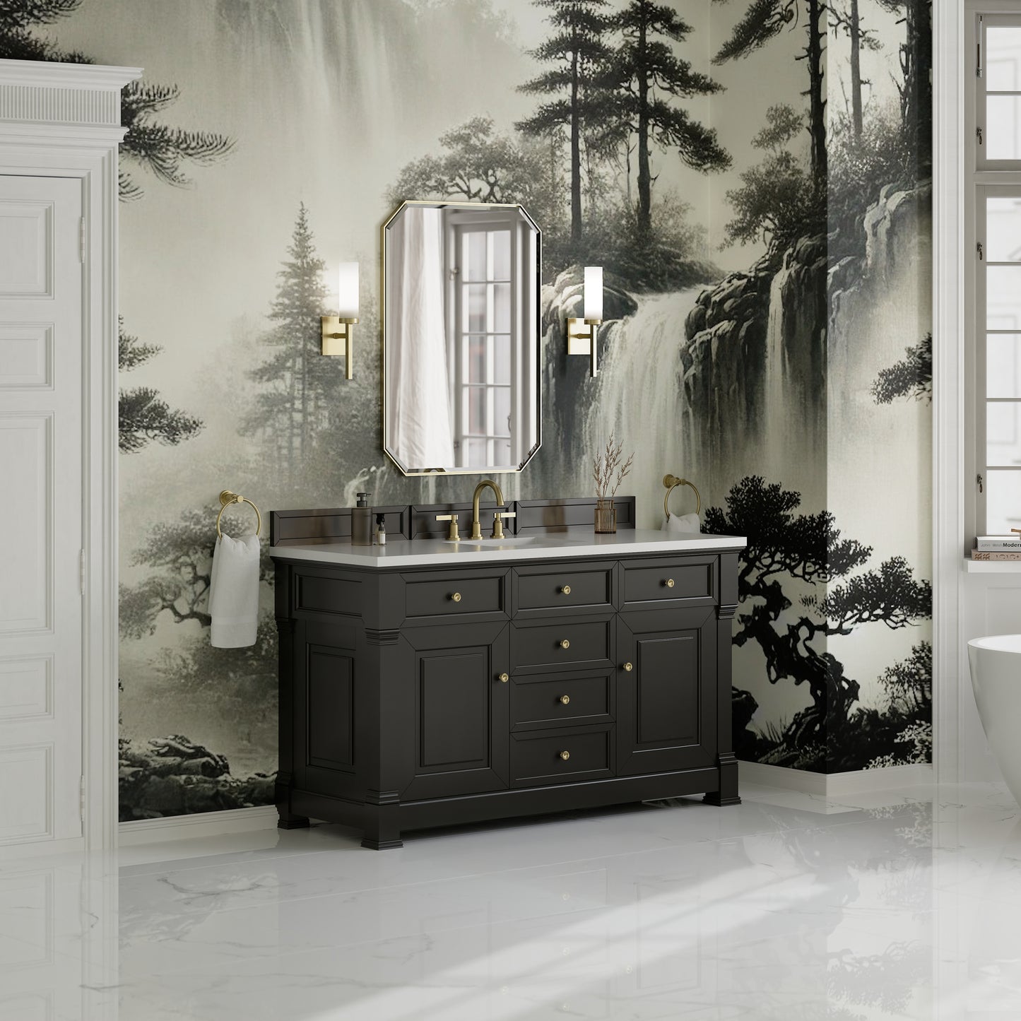 James Martin Vanities Brookfield 60" Black Onyx Single Vanity With 3cm White Zeus Silestone Top