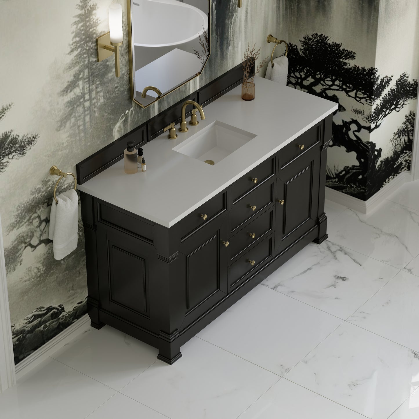 James Martin Vanities Brookfield 60" Black Onyx Single Vanity With 3cm White Zeus Silestone Top