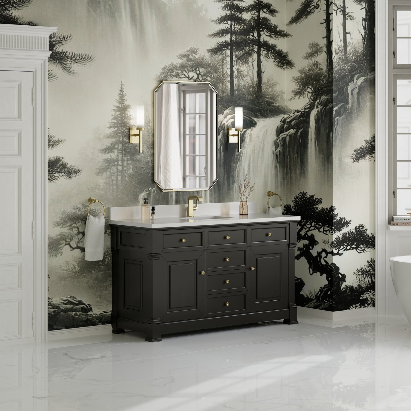 James Martin Vanities Brookfield 60" Black Onyx Single Vanity With Single Hole 3cm White Zeus Silestone Top and Backsplash