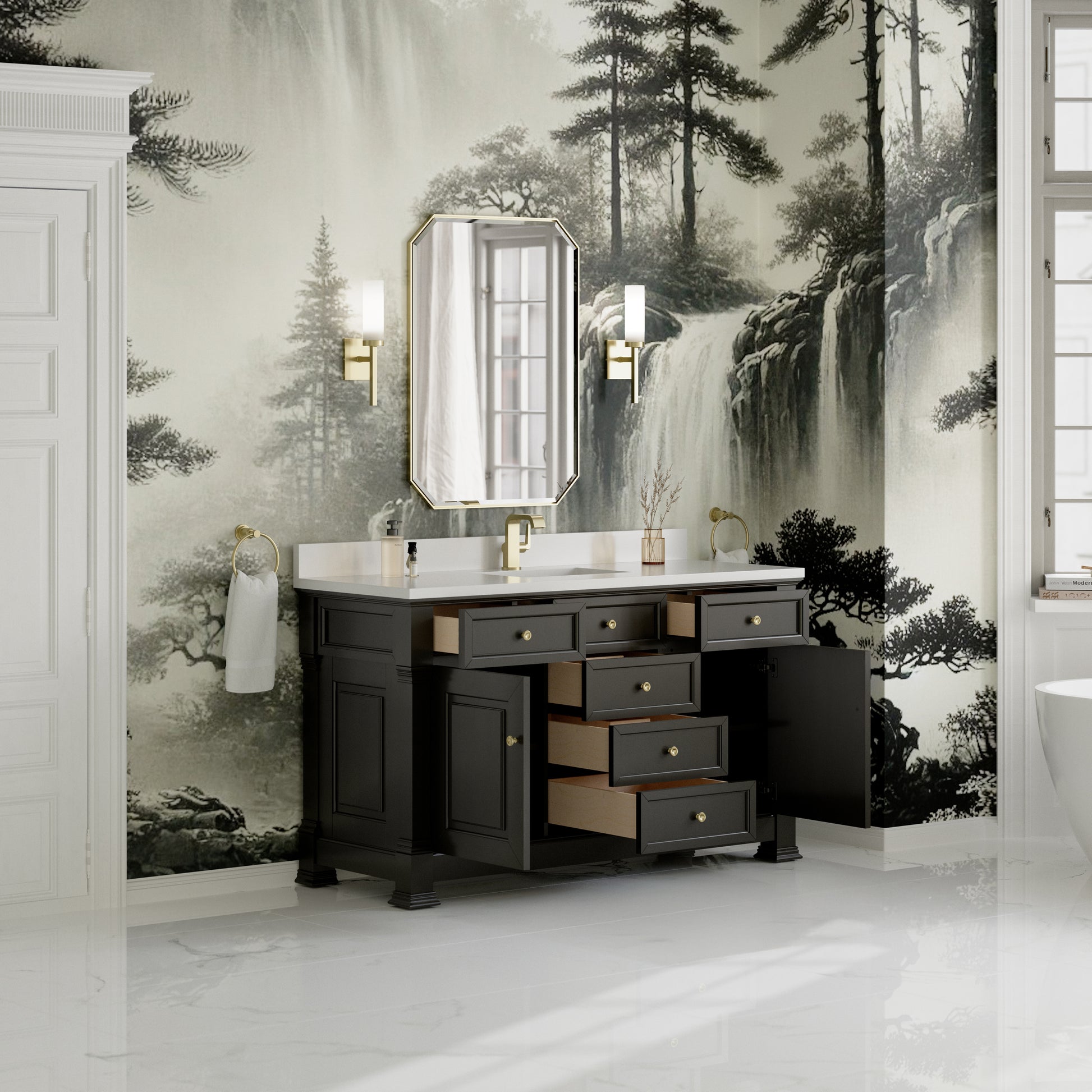 James Martin Vanities Brookfield 60" Black Onyx Single Vanity With Single Hole 3cm White Zeus Silestone Top and Backsplash