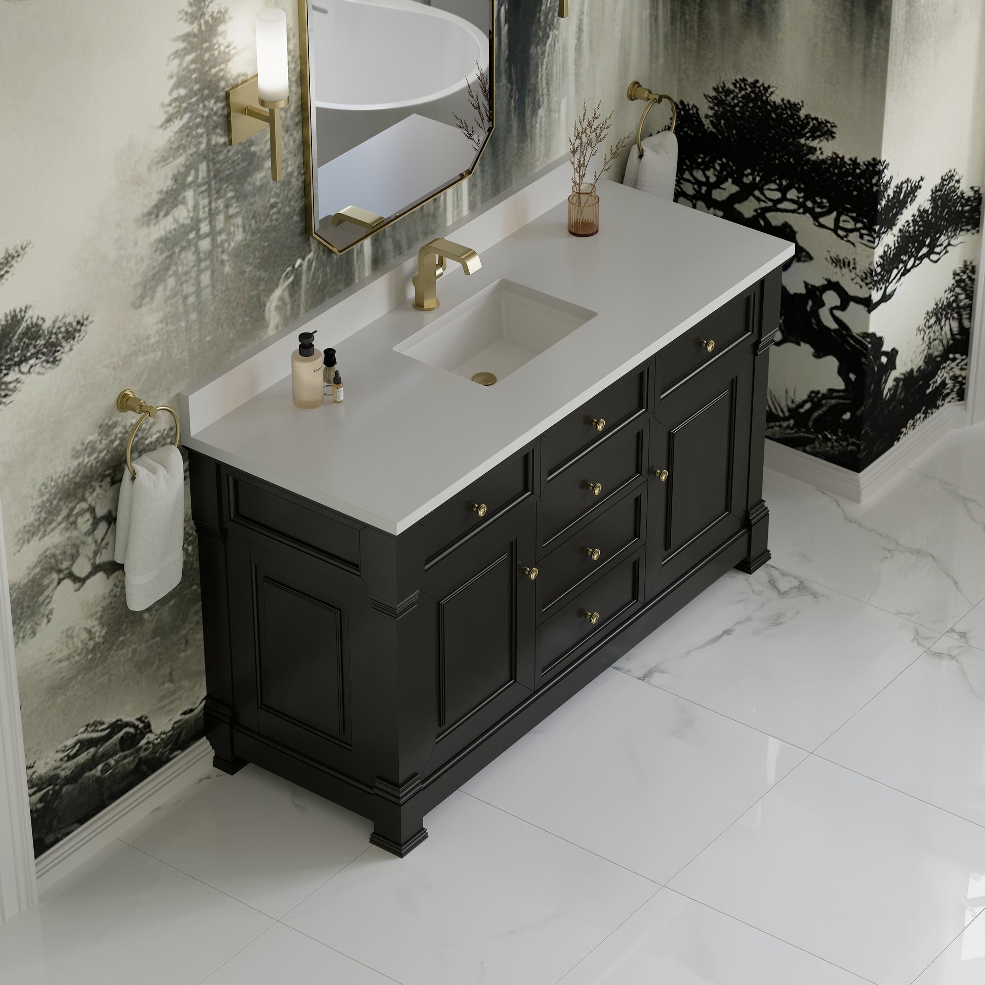 James Martin Vanities Brookfield 60" Black Onyx Single Vanity With Single Hole 3cm White Zeus Silestone Top and Backsplash