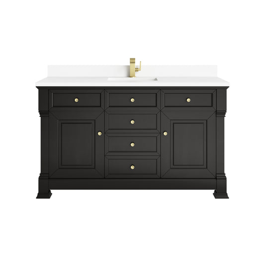 James Martin Vanities Brookfield 60" Black Onyx Single Vanity With Single Hole 3cm White Zeus Silestone Top and Backsplash