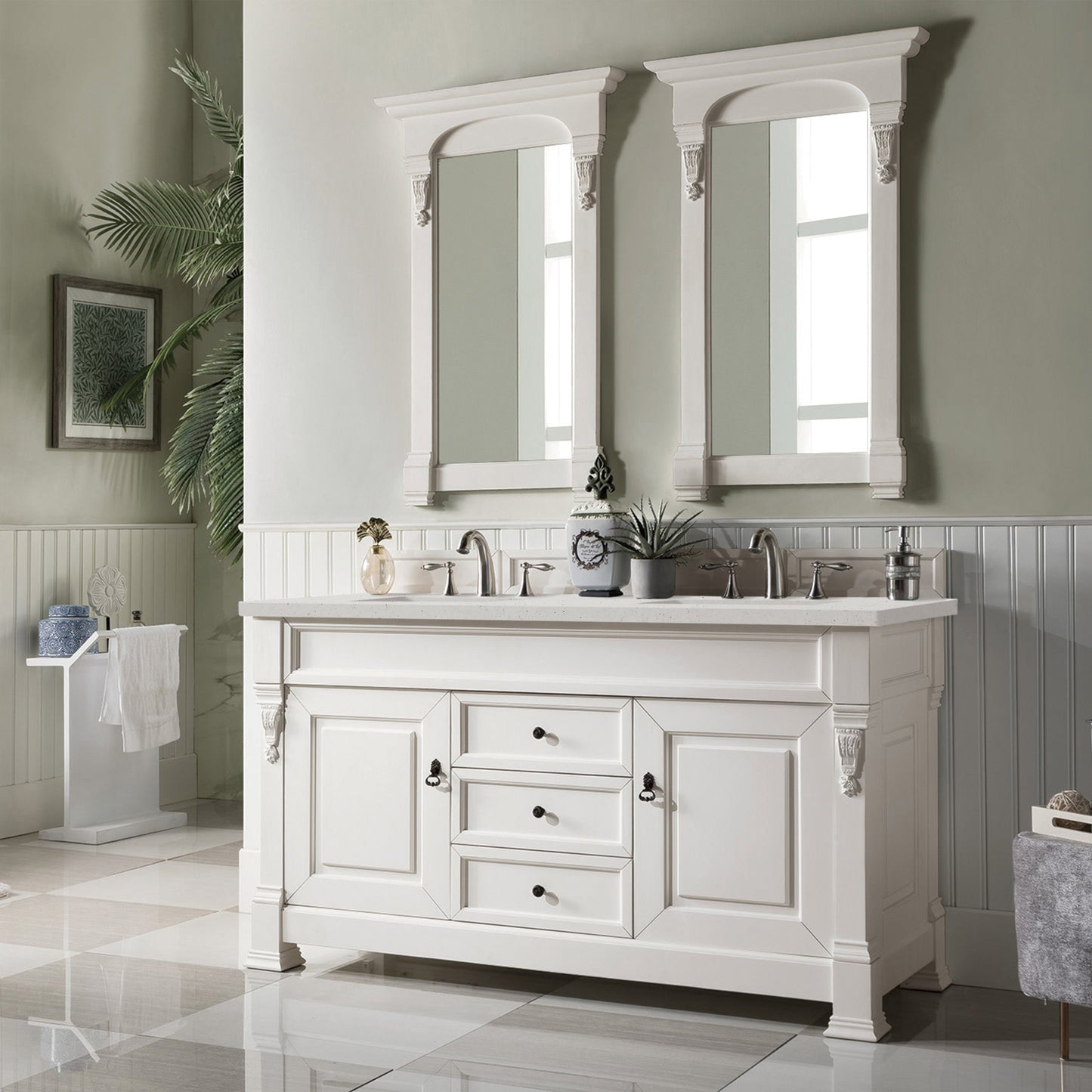 James Martin Vanities Brookfield 60" Bright White Double Vanity With 3 cm Lime Delight Quartz Top