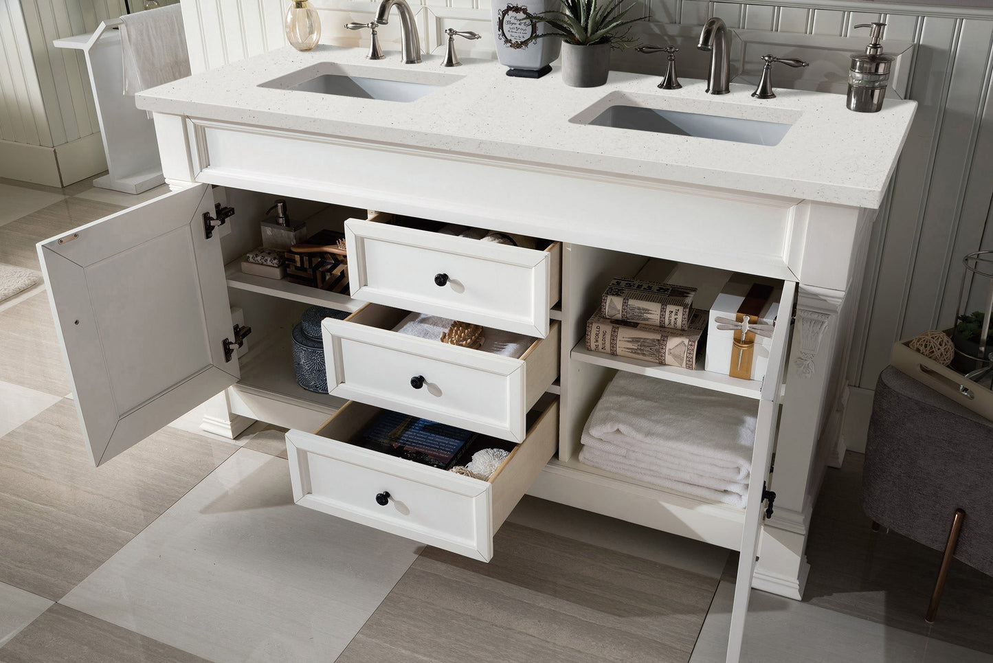 James Martin Vanities Brookfield 60" Bright White Double Vanity With 3 cm Lime Delight Quartz Top