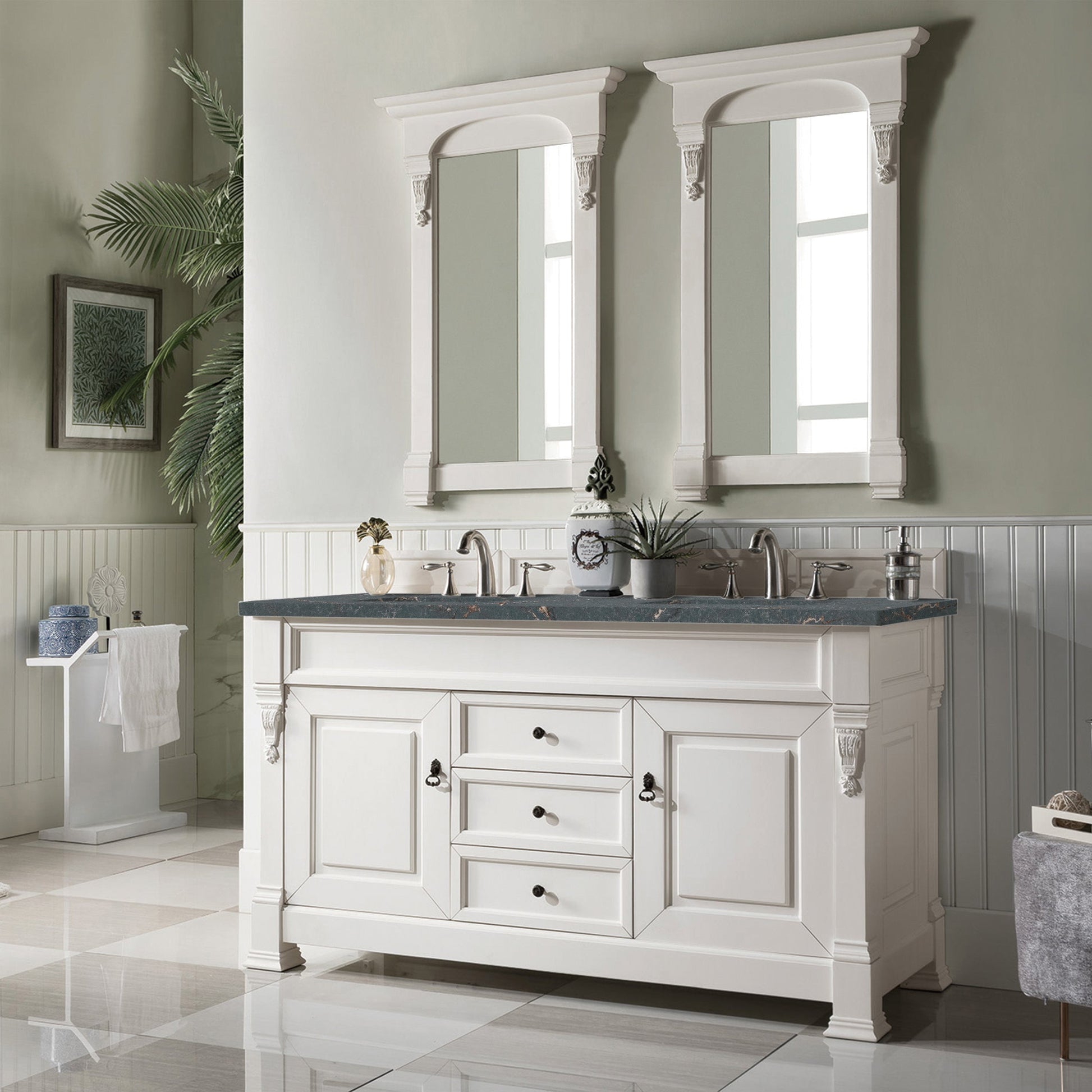 James Martin Vanities Brookfield 60" Bright White Double Vanity With 3 cm Parisien Bleu Quartz Top