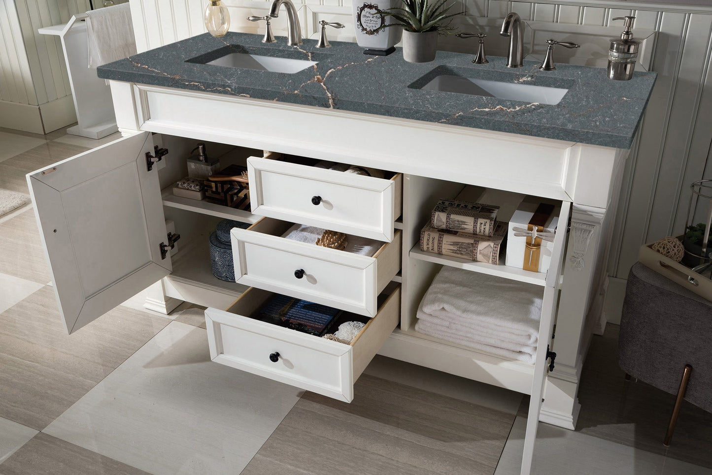 James Martin Vanities Brookfield 60" Bright White Double Vanity With 3 cm Parisien Bleu Quartz Top