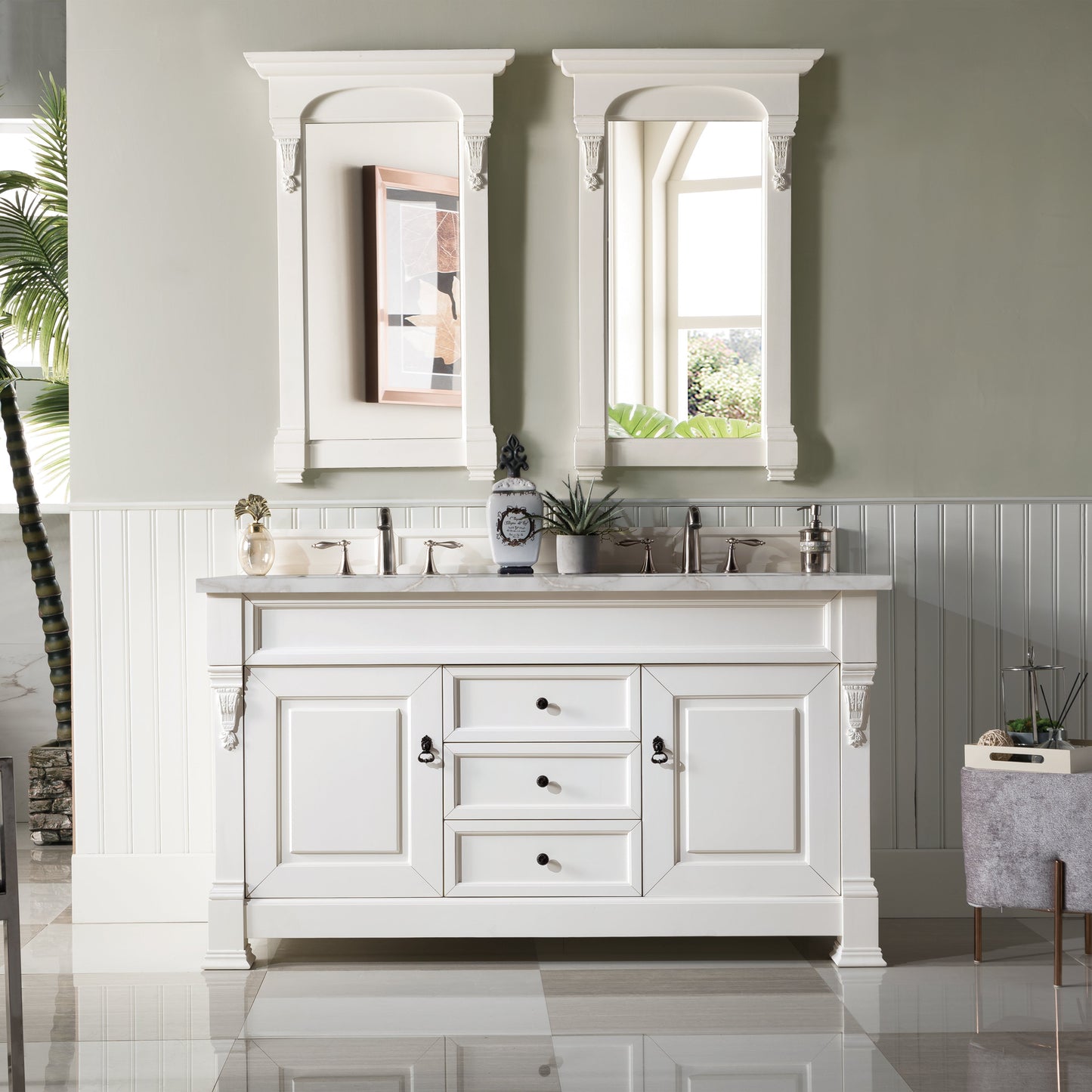 James Martin Vanities Brookfield 60" Bright White Double Vanity With 3 cm Victorian Silver Quartz Top