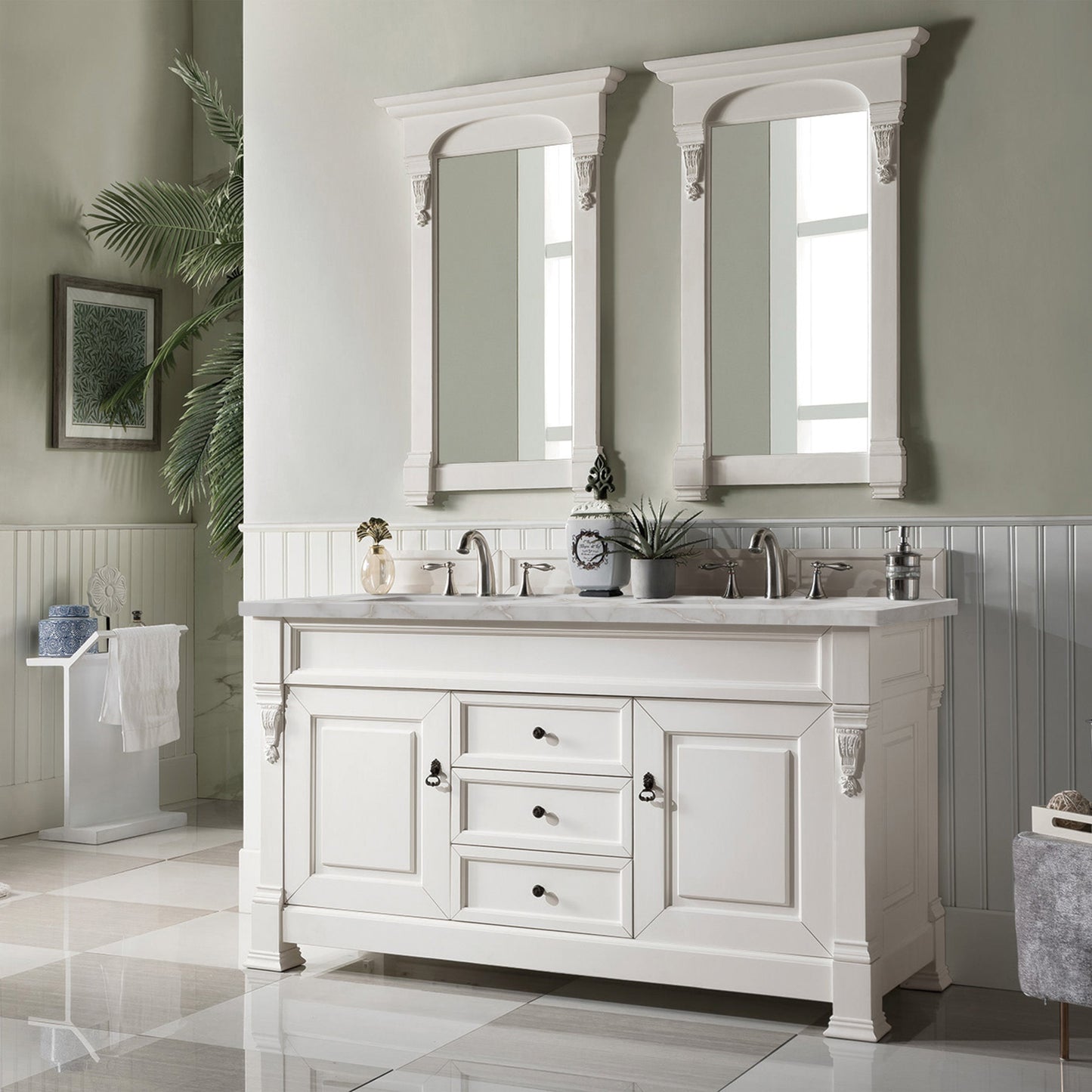 James Martin Vanities Brookfield 60" Bright White Double Vanity With 3 cm Victorian Silver Quartz Top