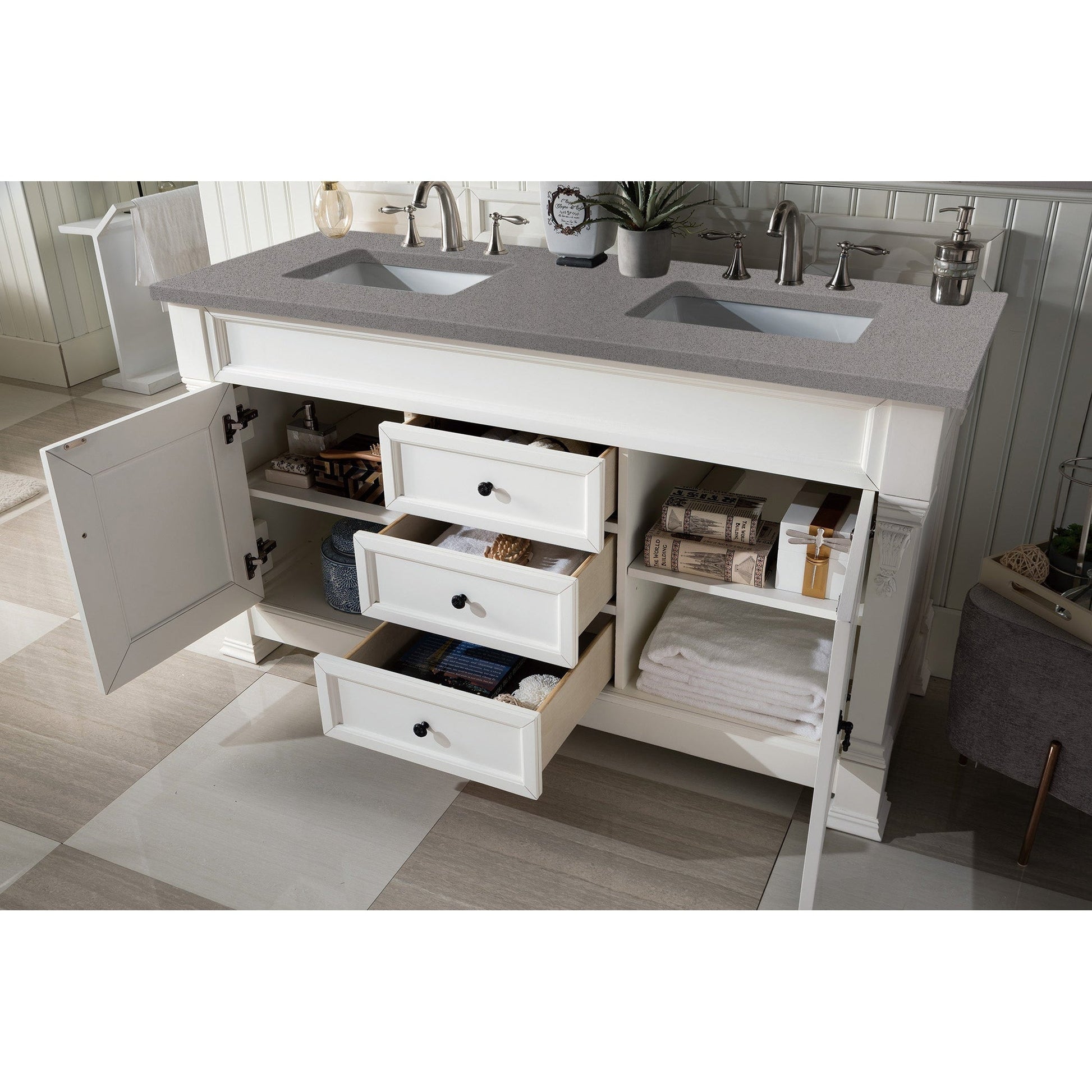 James Martin Vanities Brookfield 60" Bright White Double Vanity With 3cm Grey Expo Quartz Top