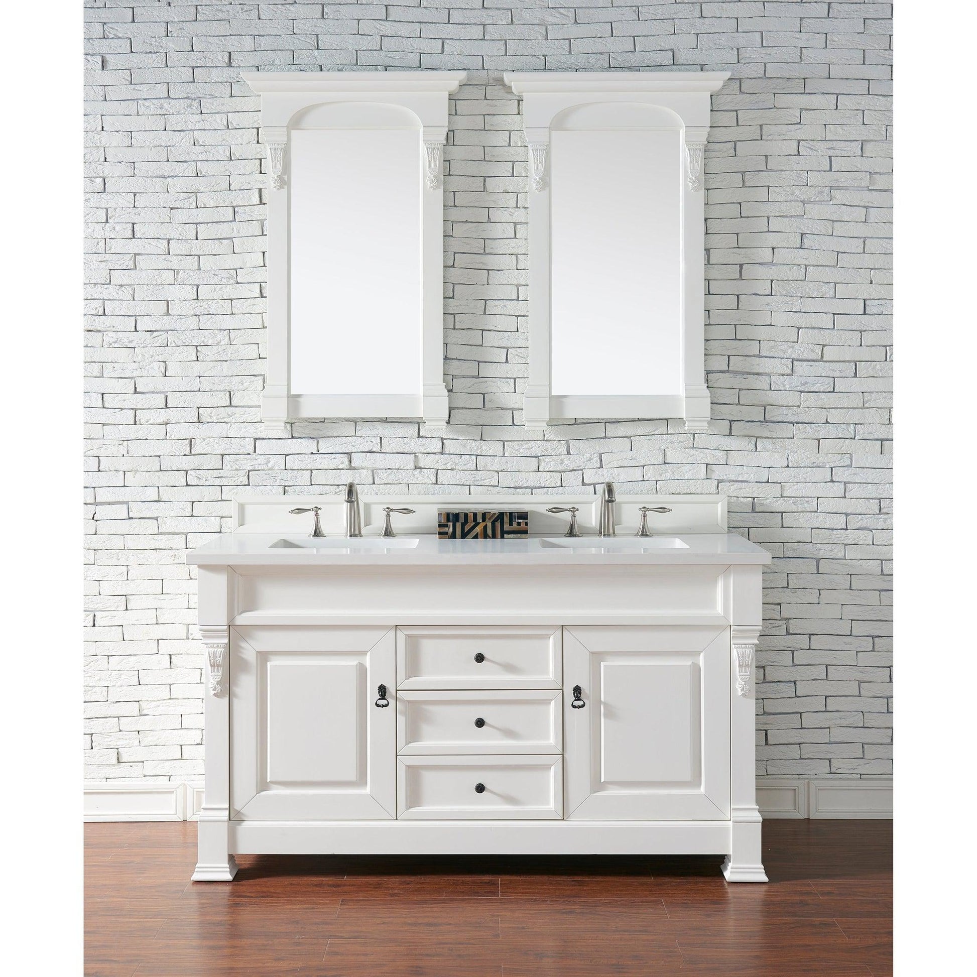 James Martin Vanities Brookfield 60" Bright White Double Vanity With 3cm White Zeus Quartz Top