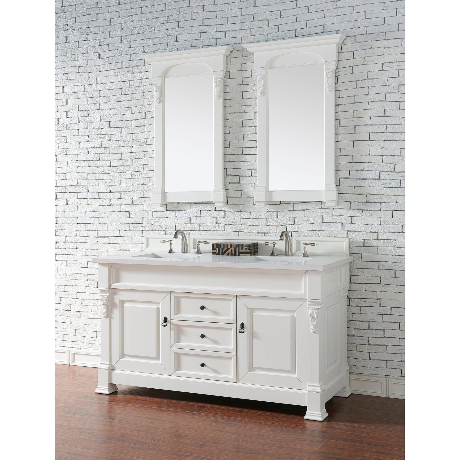 James Martin Vanities Brookfield 60" Bright White Double Vanity With 3cm White Zeus Quartz Top