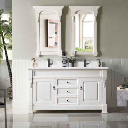 James Martin Vanities Brookfield 60" Bright White Double Vanity With Single Hole 3 cm White Zeus Quartz Top & Backsplash