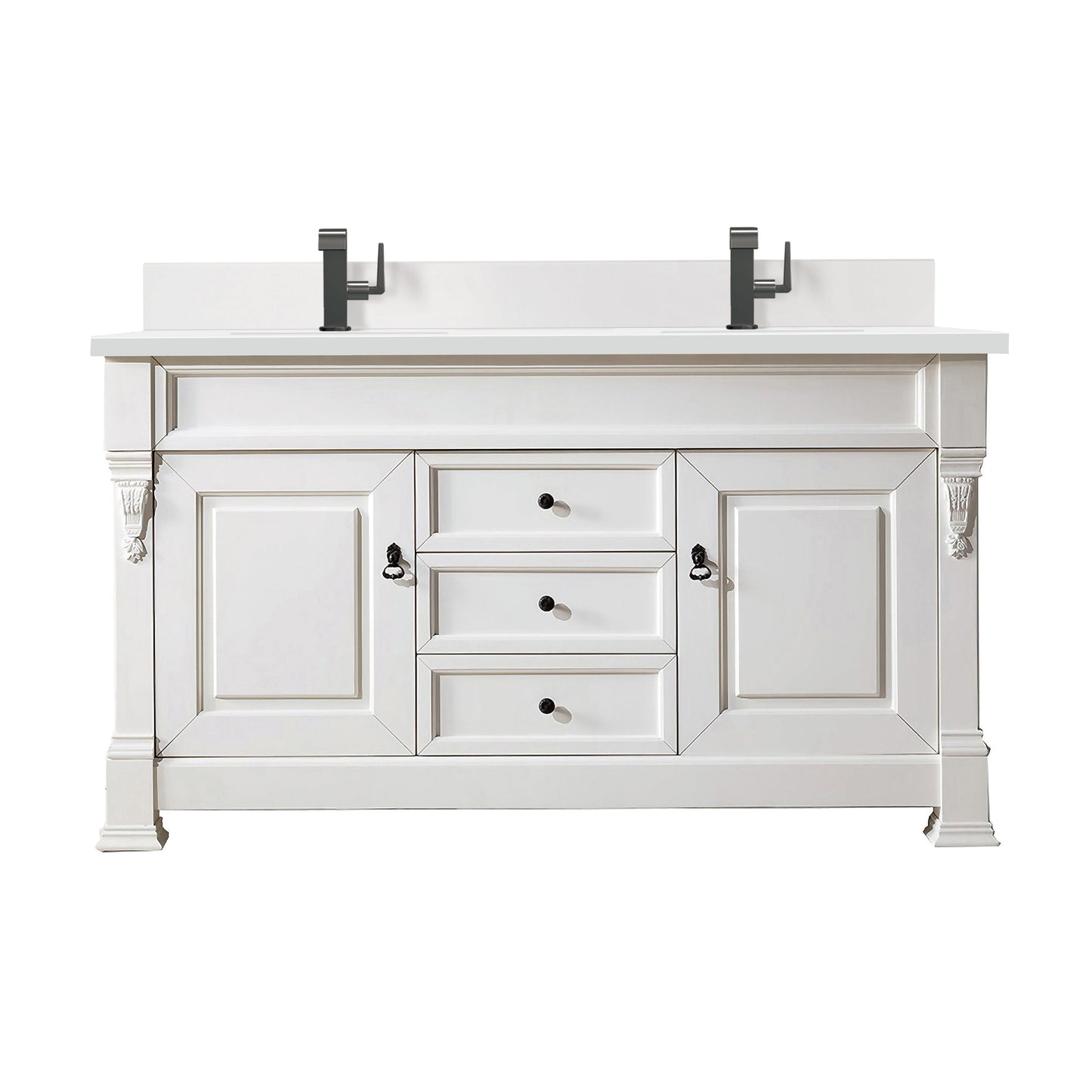 James Martin Vanities Brookfield 60" Bright White Double Vanity With Single Hole 3 cm White Zeus Quartz Top & Backsplash