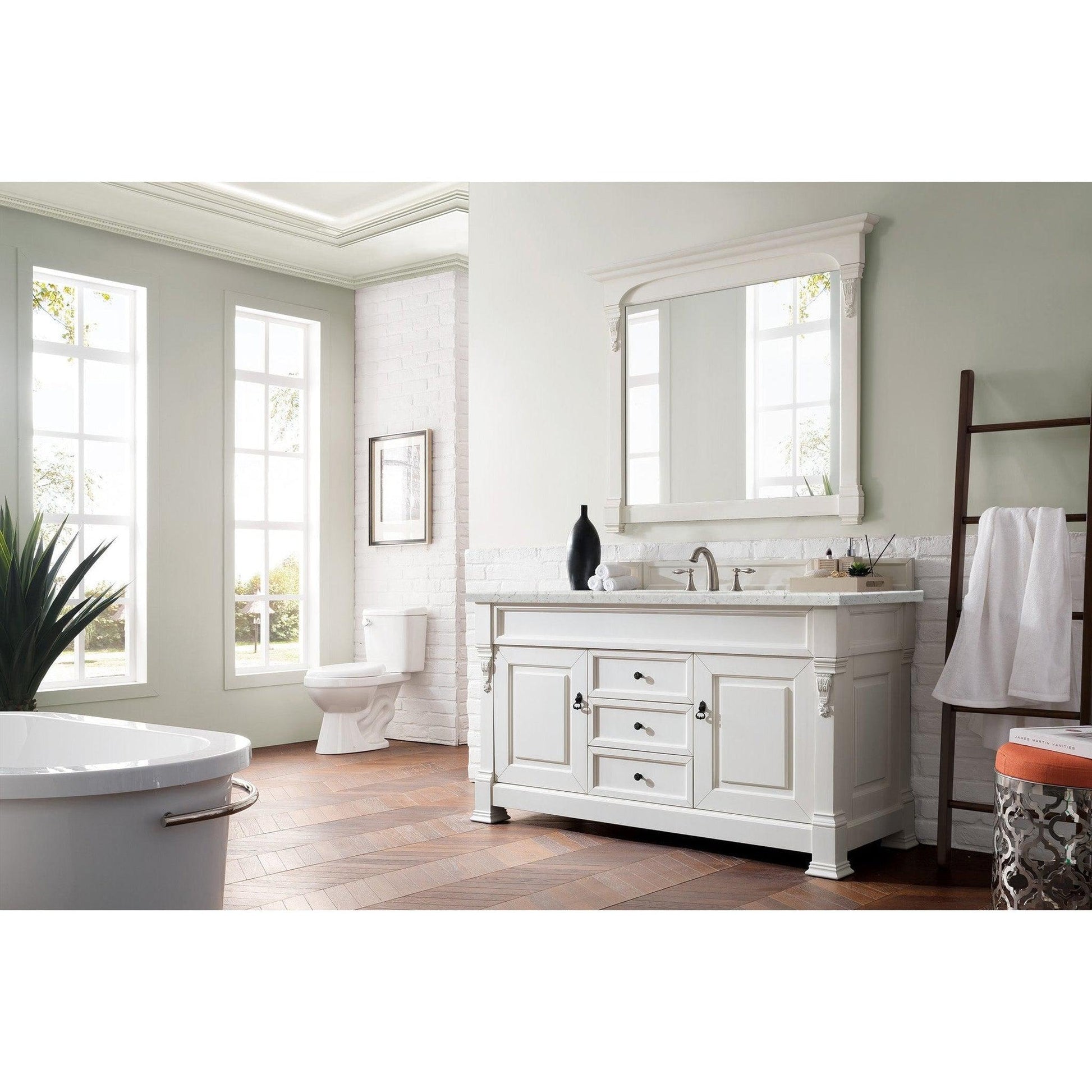 James Martin Vanities Brookfield 60" Bright White Single Vanity With 3cm Eternal Jasmine Pearl Quartz Top