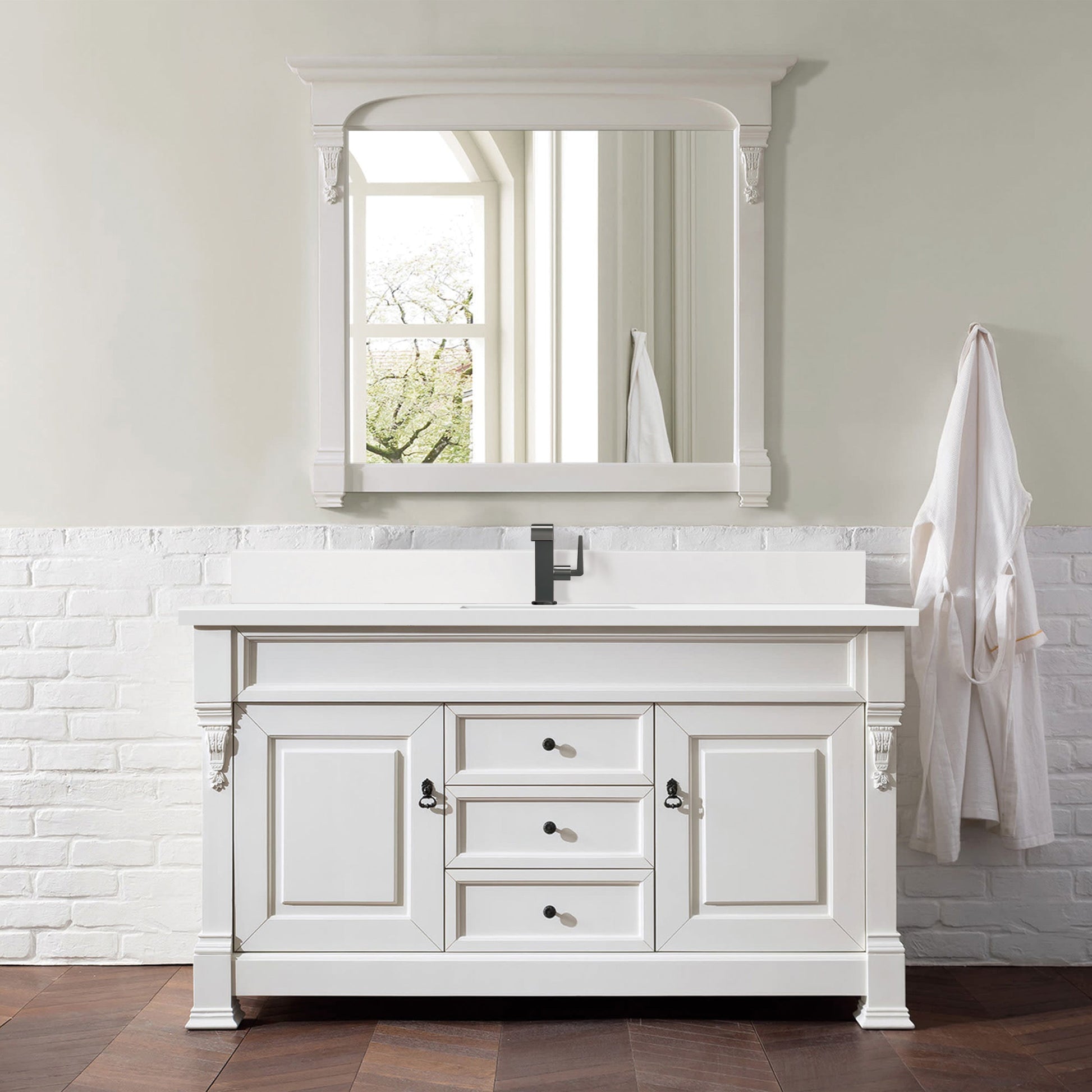 James Martin Vanities Brookfield 60" Bright White Single Vanity With Single Hole 3 cm White Zeus Quartz Top & Backsplash